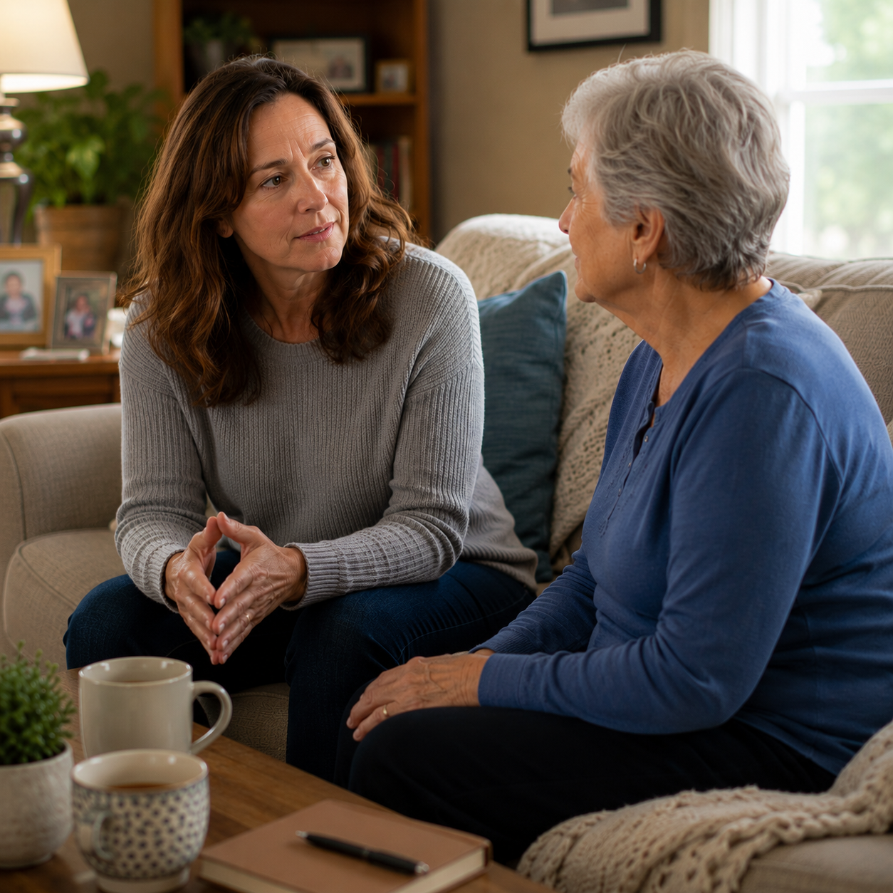 Adult daughter having a serious, caring conversation with her elderly mother on the sofa at home after noticing signs she needs more support