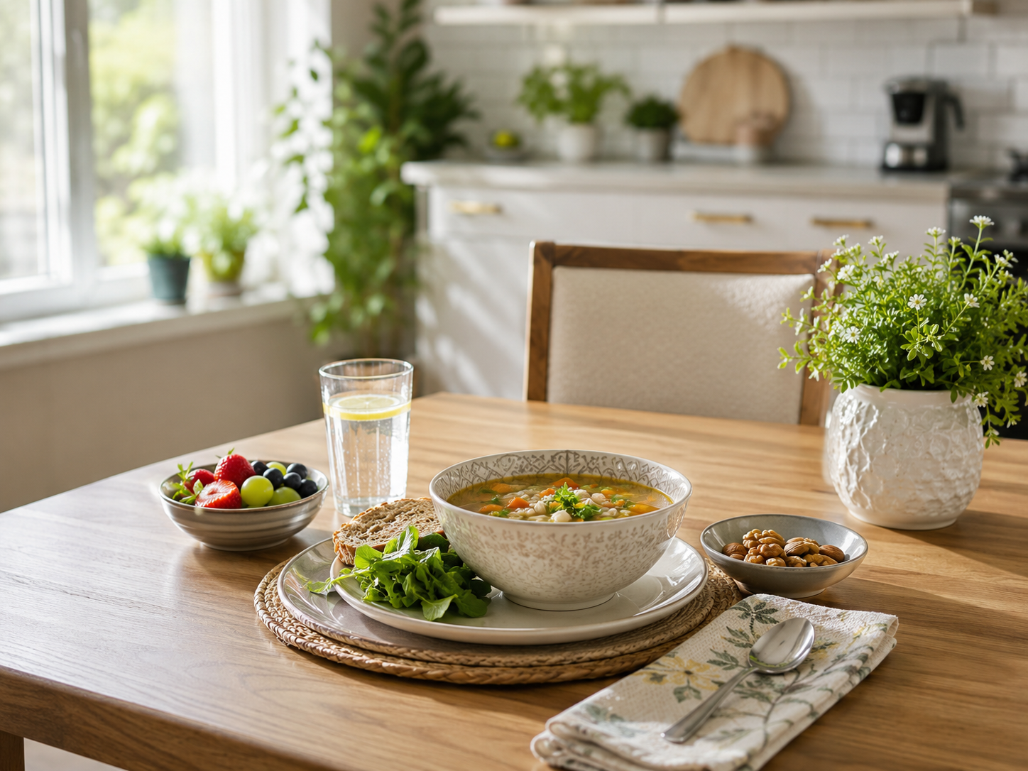 A nutritious senior-friendly meal set at a bright kitchen table including vegetable soup, fresh fruit, whole grain bread and water