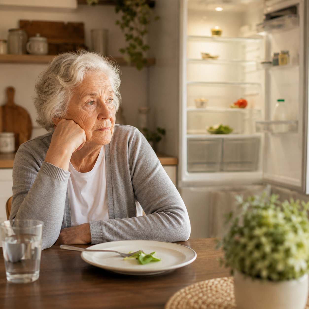 Elderly woman sitting alone at the kitchen table with a nearly empty plate, open fridge visible in the background