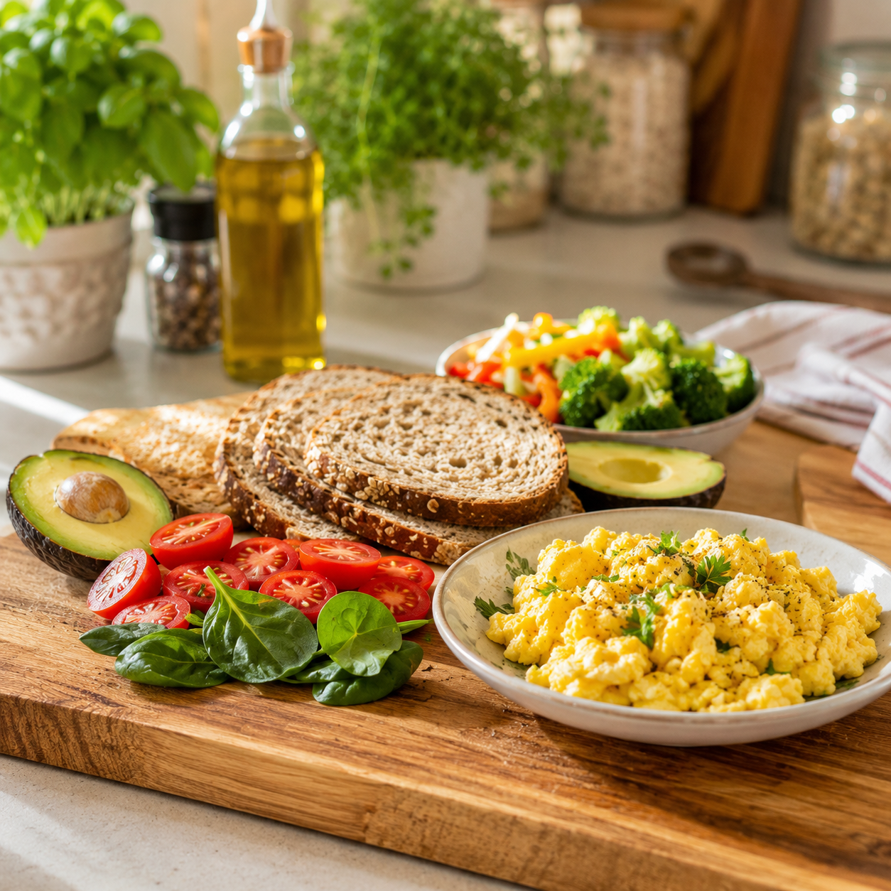 Nutritious senior-friendly meal preparation on a wooden cutting board with scrambled eggs, whole grain bread, avocado, tomatoes and fresh vegetables