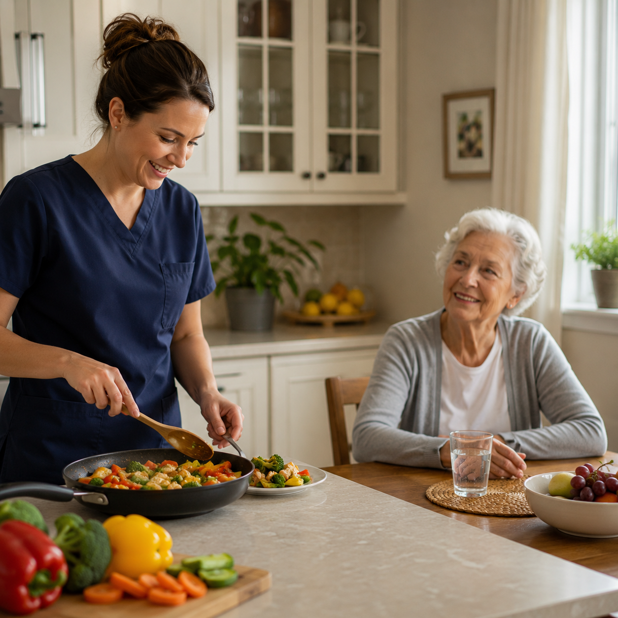 Professional home caregiver preparing a nutritious meal in a senior's kitchen while the elderly woman sits nearby at the table