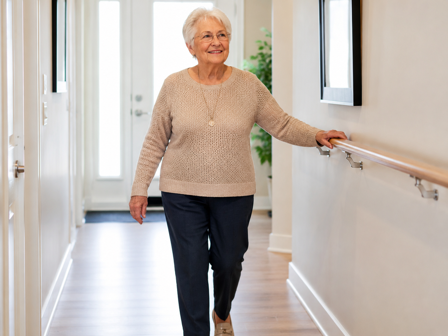 Senior woman walking confidently through a bright home hallway using a wall rail for support