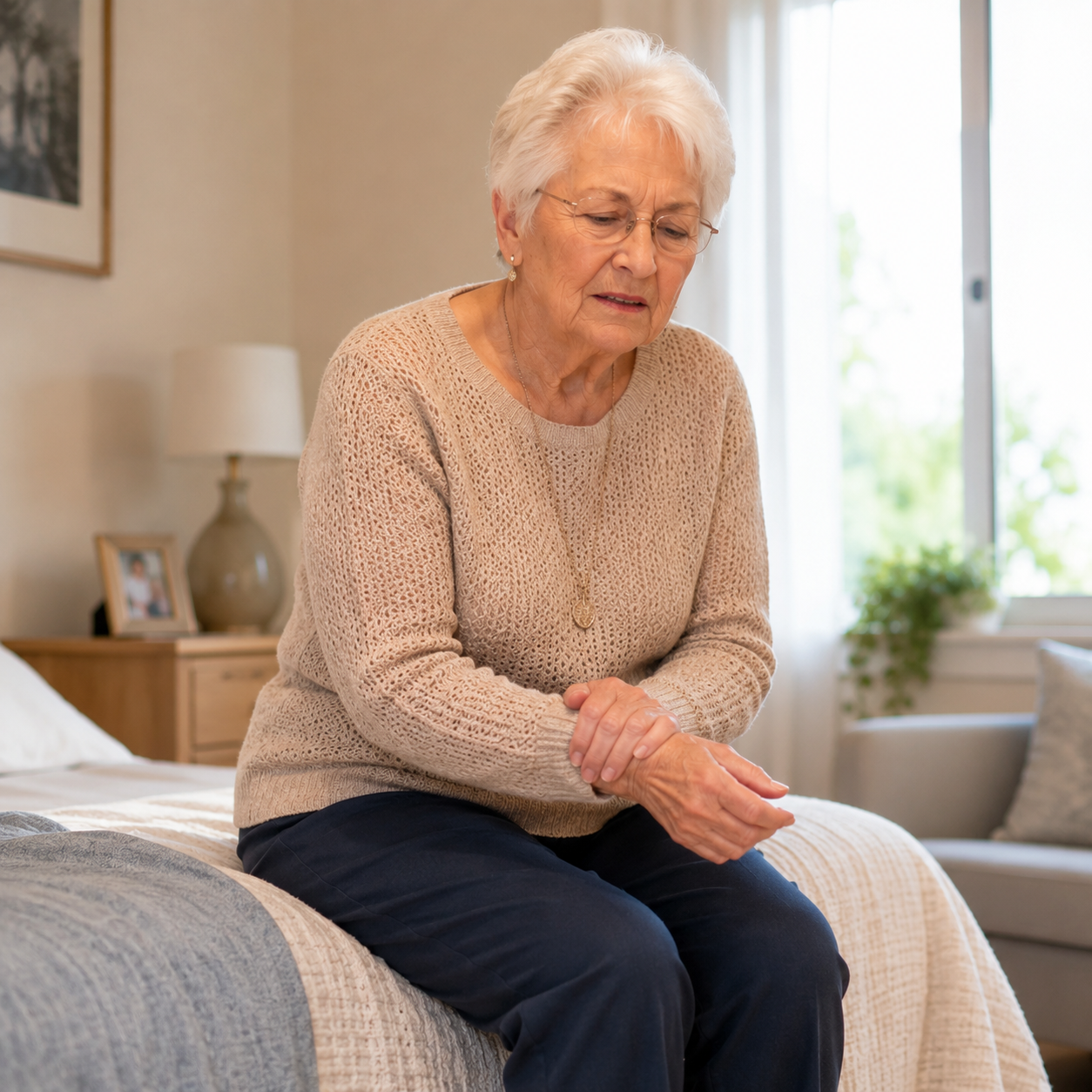 Elderly woman sitting on the edge of her bed holding her wrist with a pained expression after a fall