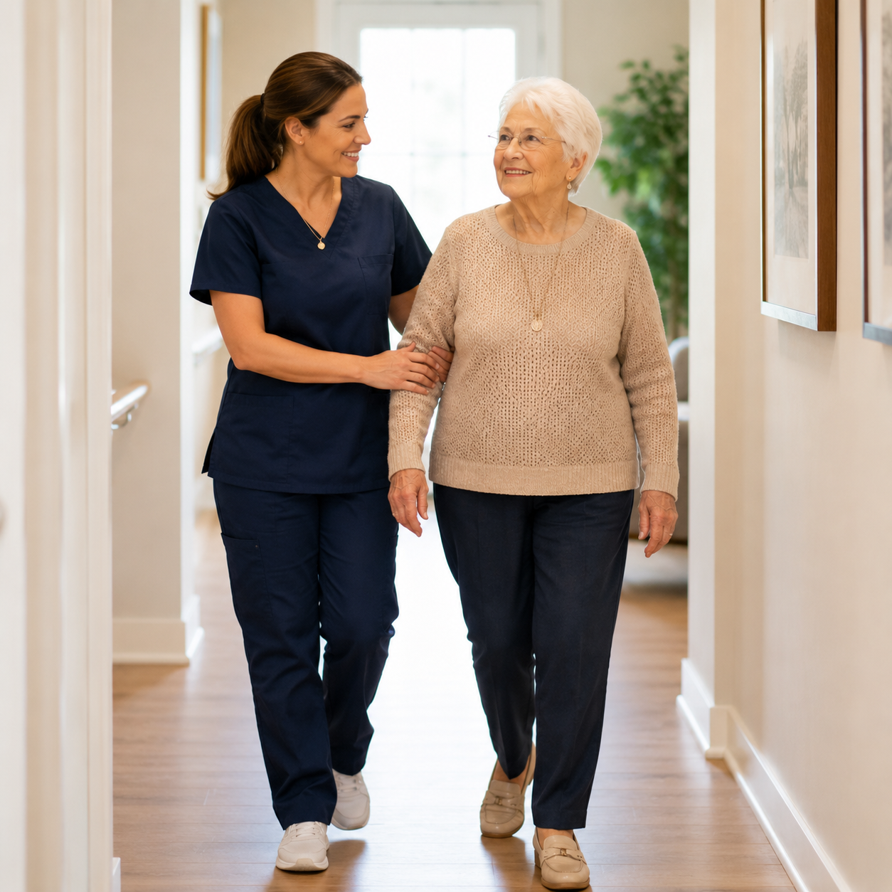Professional home caregiver walking alongside an elderly senior through a bright home hallway, providing gentle mobility support