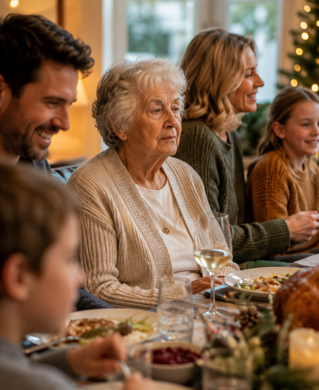 Elderly woman sitting at a busy family holiday dinner table with a distant, disconnected expression while family members laugh around her
