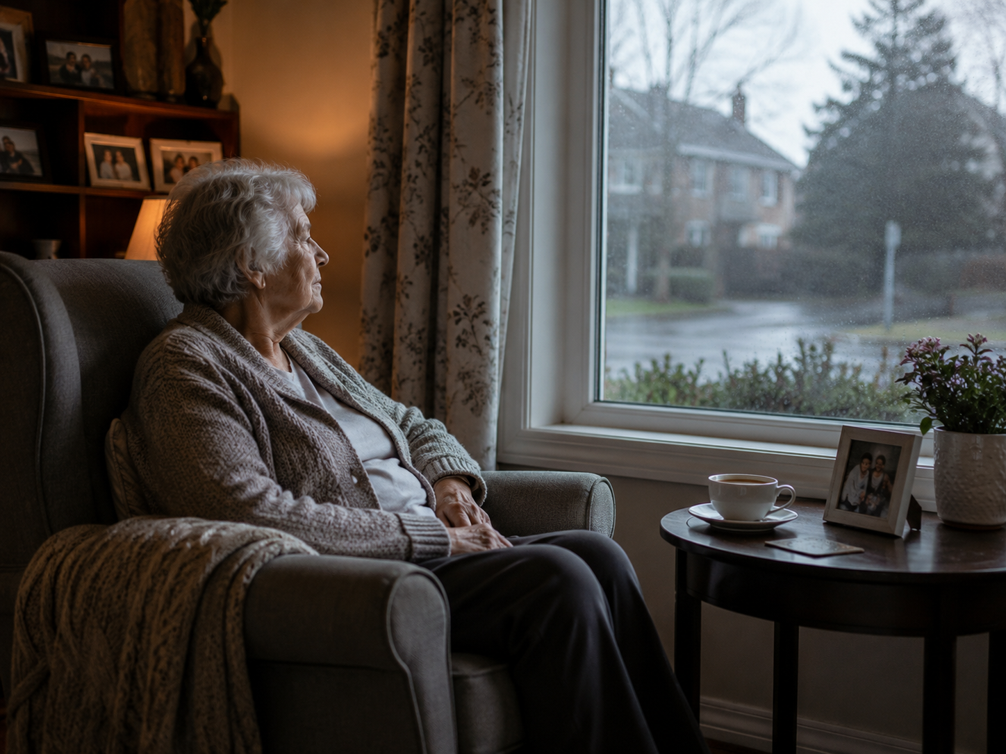 Elderly woman sitting alone in an armchair looking out a rain-streaked window, untouched cup of tea on the side table beside a family photo