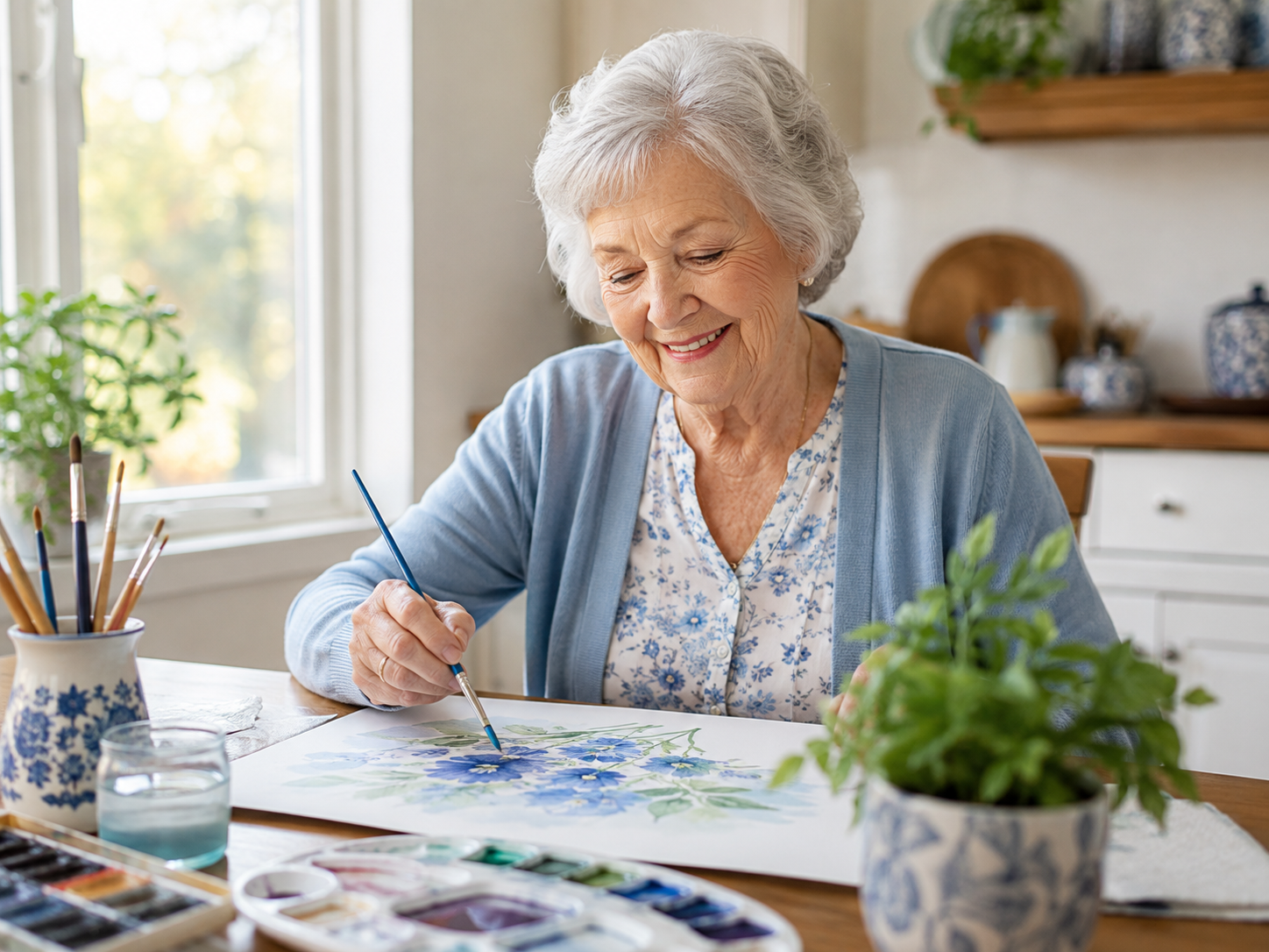 Smiling senior woman painting blue watercolour flowers at her kitchen table, brushes and paint palette beside her