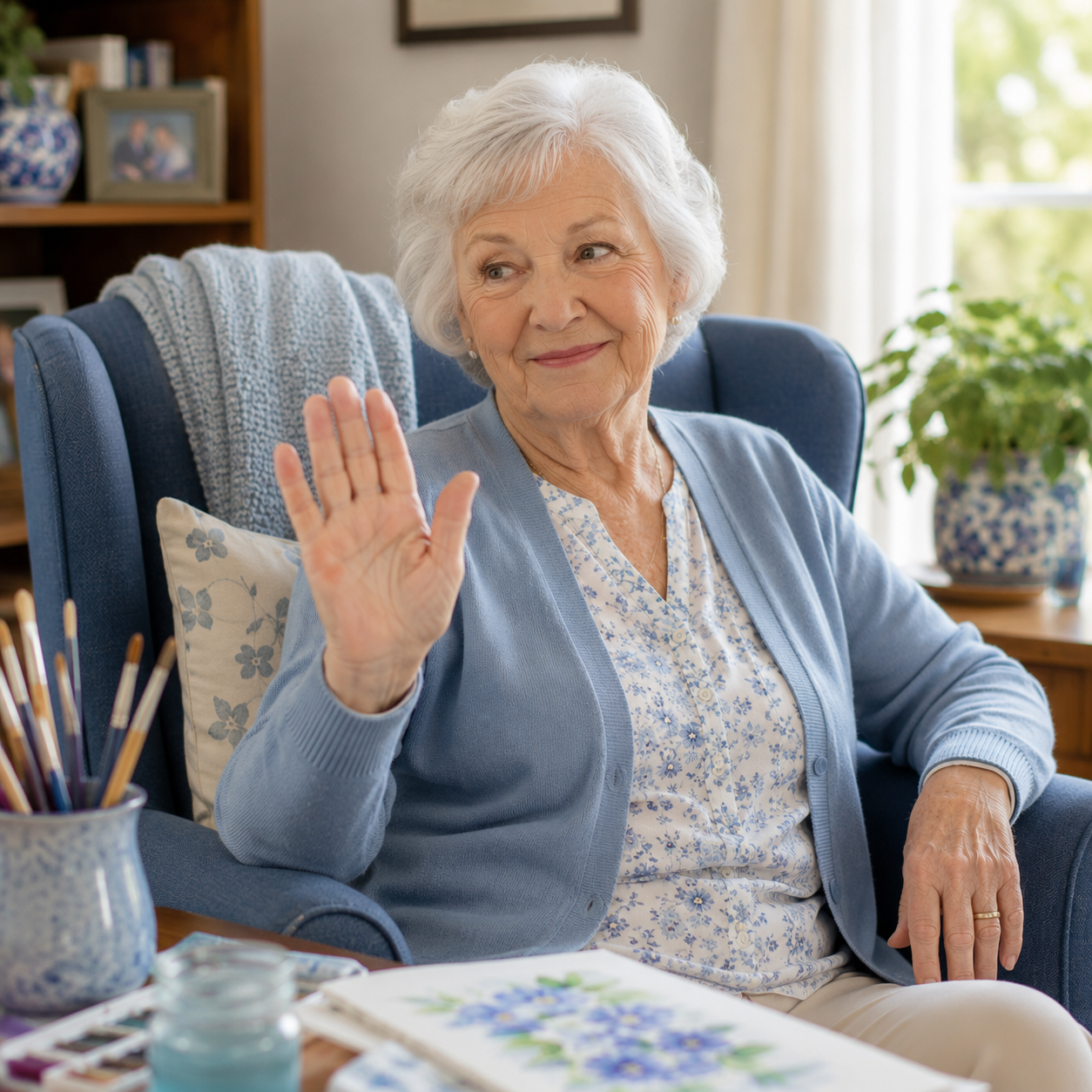 Senior woman in an armchair gently raising her hand in a polite "no thank you" gesture, art supplies on the table nearby