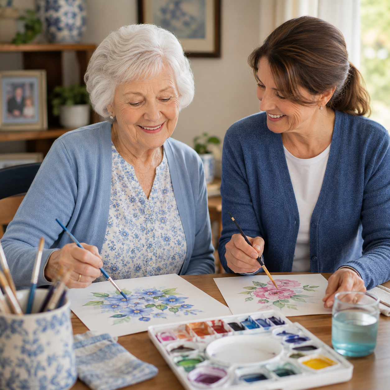 Senior woman and a companion painting watercolour flowers side by side at a table, both smiling as they work