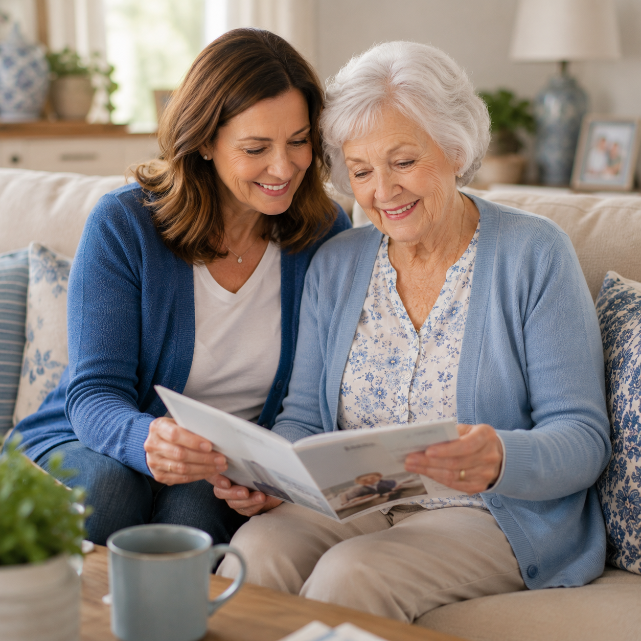 Senior woman and her adult daughter sitting on a sofa smiling as they read a booklet together