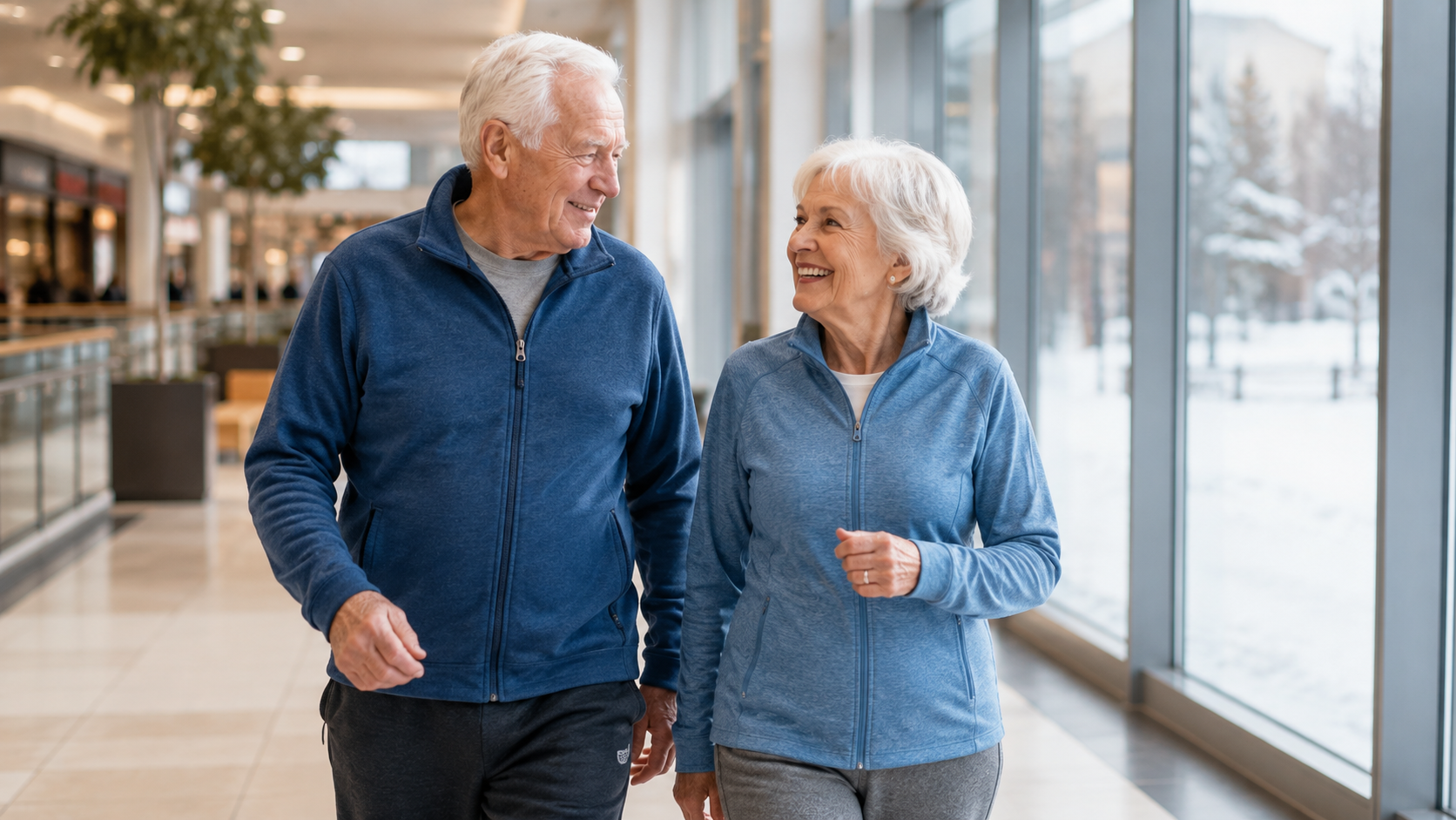 Smiling senior couple walking together indoors at a shopping mall for exercise, with snow visible through the windows