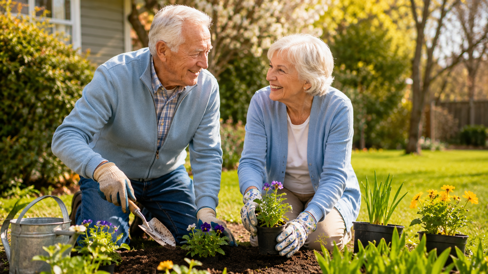 Senior couple planting flowers and seedlings together in their backyard garden on a bright spring morning