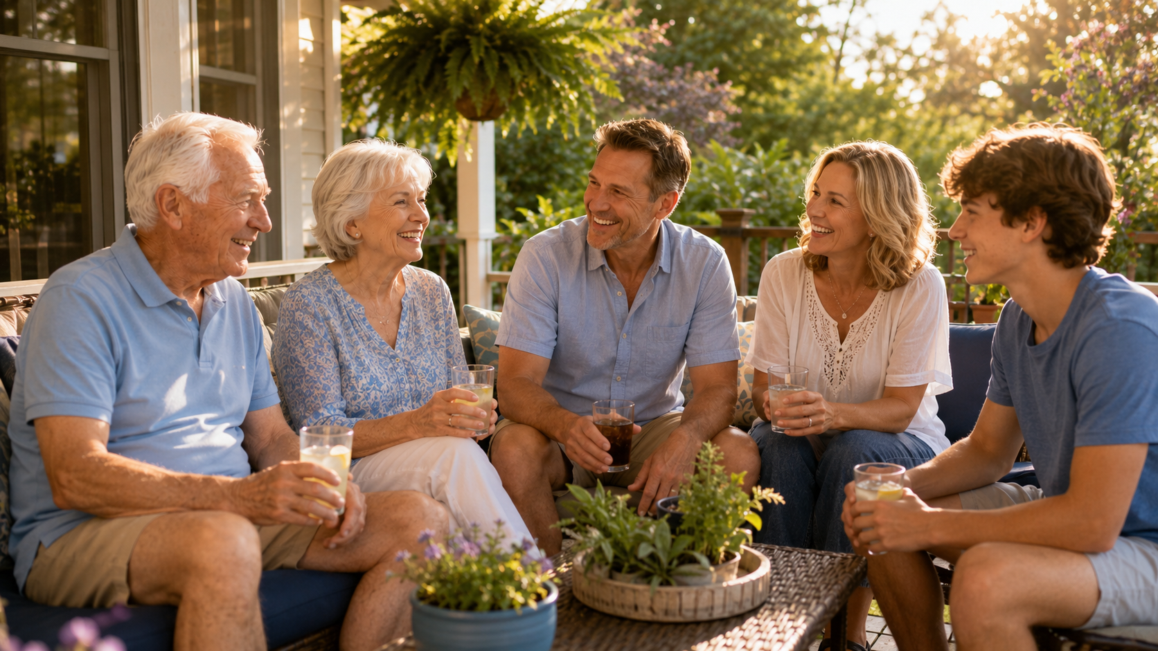 Senior couple enjoying a summer gathering on the back porch with their adult children and grandchild, everyone smiling in conversation