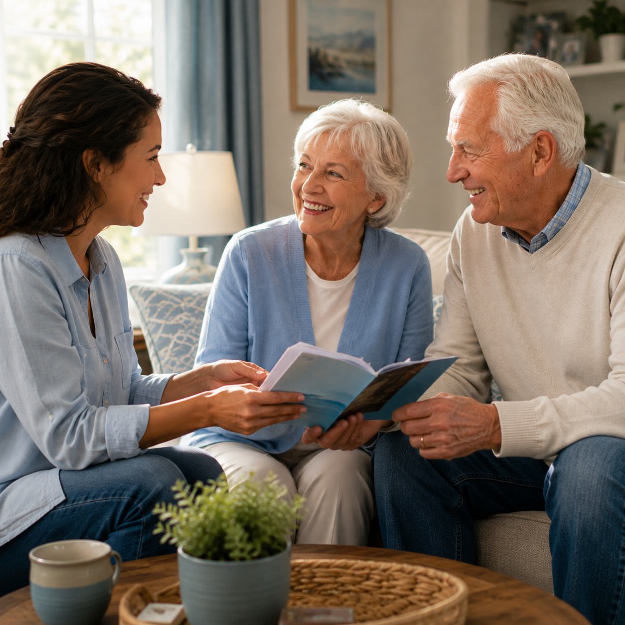 Friendly caregiver sitting with a senior couple in their living room, handing them a booklet as all three smile