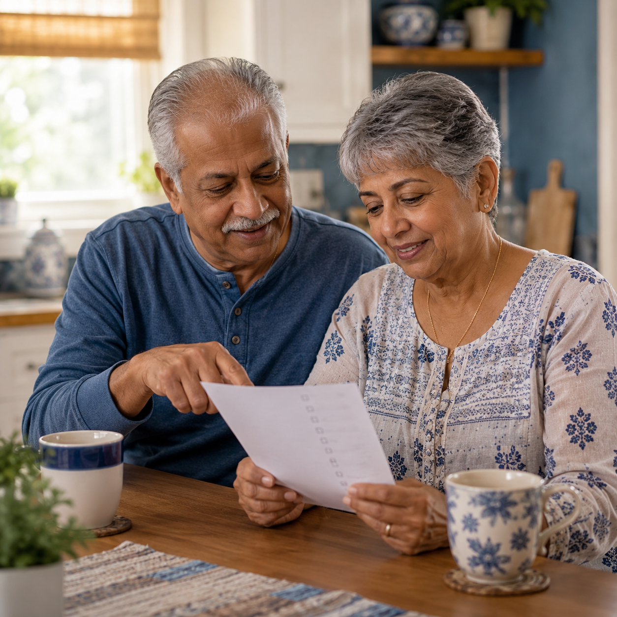 Senior couple at their kitchen table with coffee, looking together at a printed weekly checklist