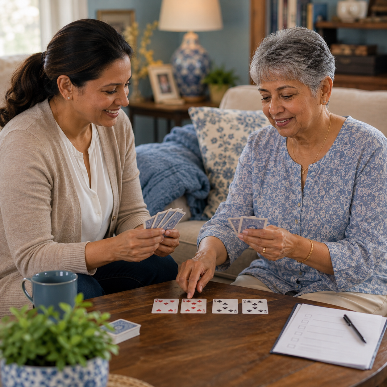Friendly caregiver and senior woman playing a card game together in a cozy living room, a checklist on the side table nearby