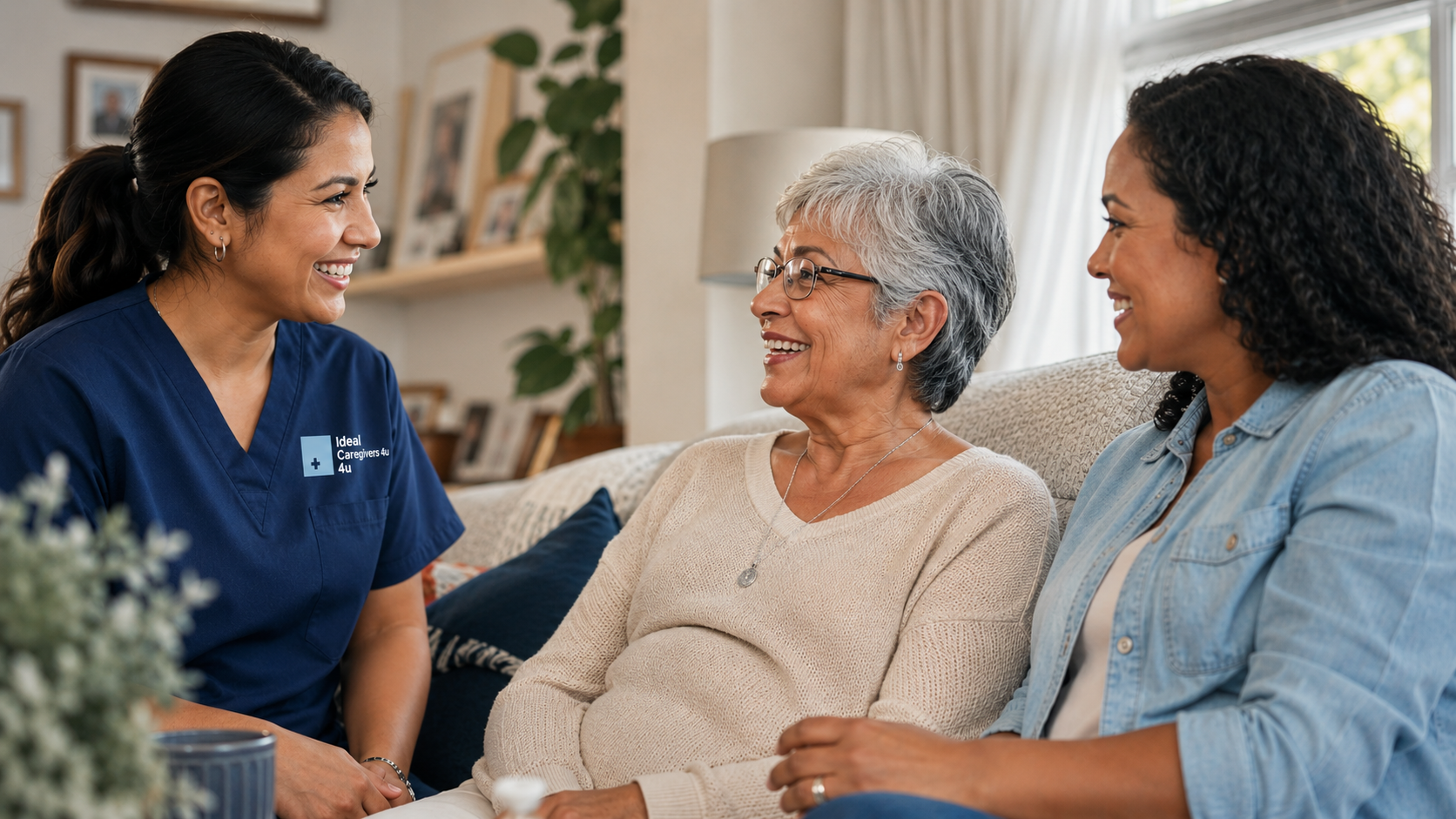 Family choosing trusted home care near them with a caregiver in navy scrubs and a smiling senior at home