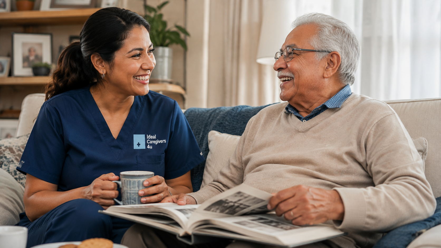 Caregiver in navy scrubs sharing a warm moment with a senior man at home, showing companionship care