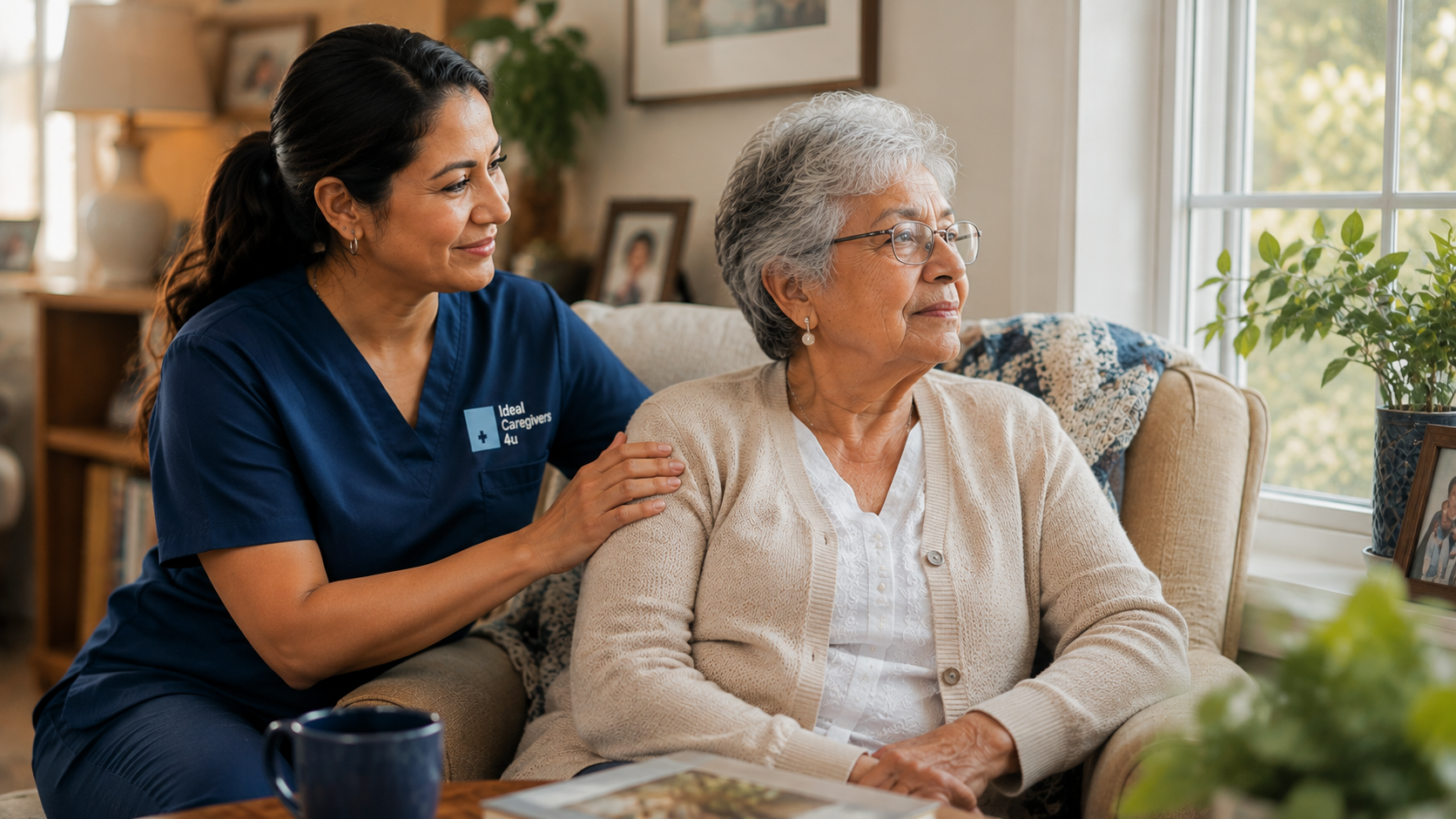 Caregiver in navy scrubs checking in on a thoughtful senior woman by a window at home