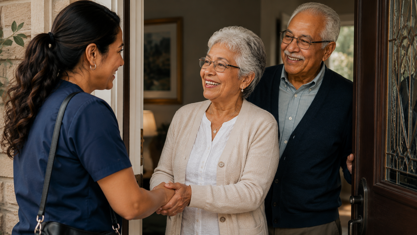 Caregiver in navy scrubs warmly greeting a senior couple at their front door, showing trusted home care