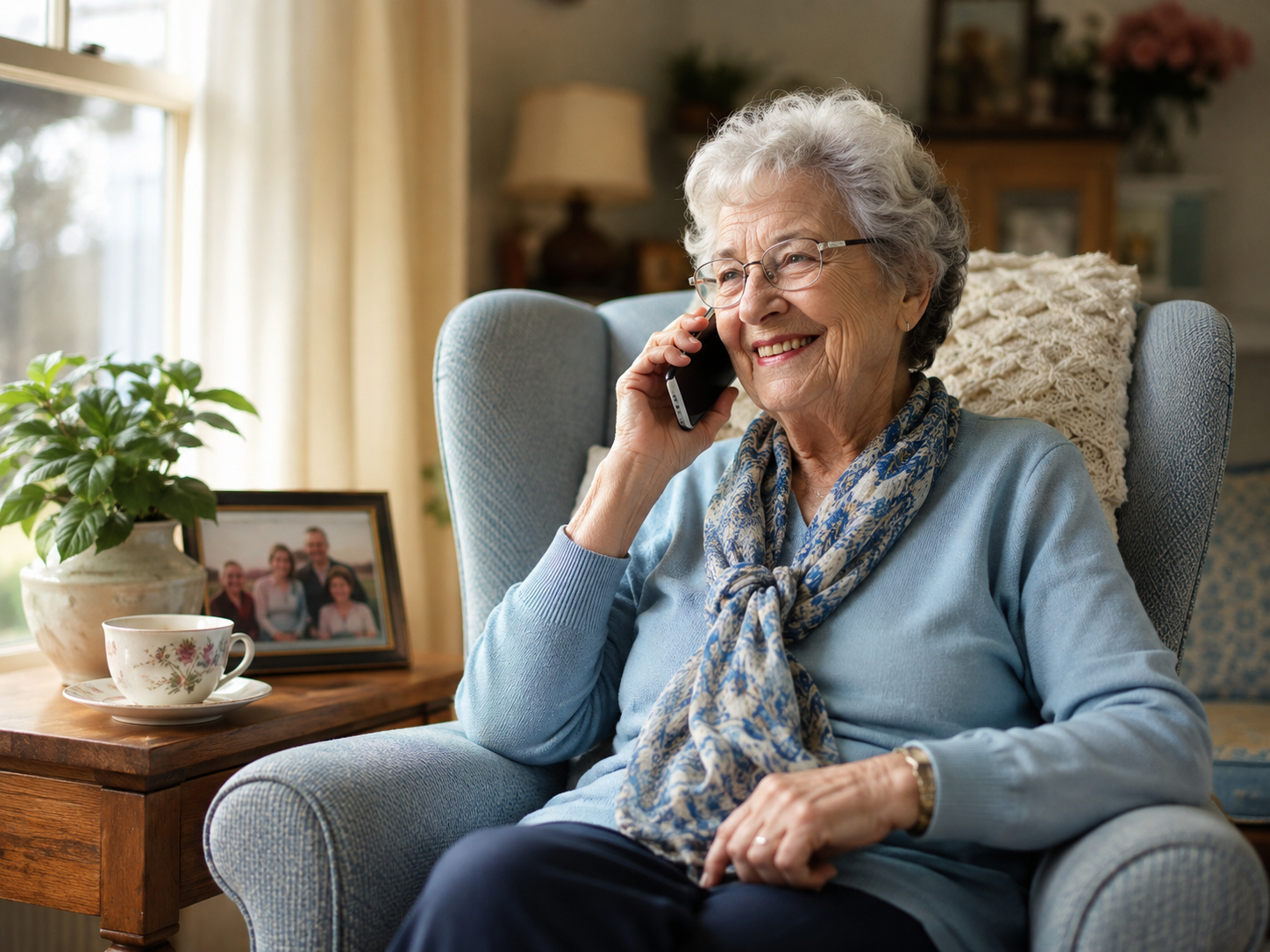 senior-woman-phone-call-social-connection.jpg Smiling senior woman talking on the phone in a cozy armchair, with a family photo and cup of tea on the side table