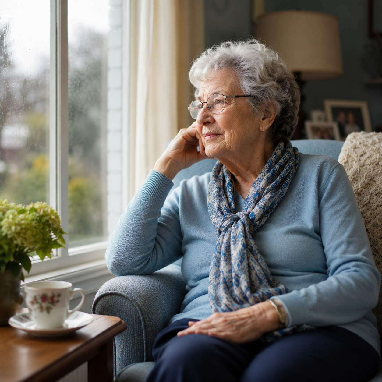 Senior woman sitting alone by a window with a thoughtful expression, a cup of tea on the side table beside her