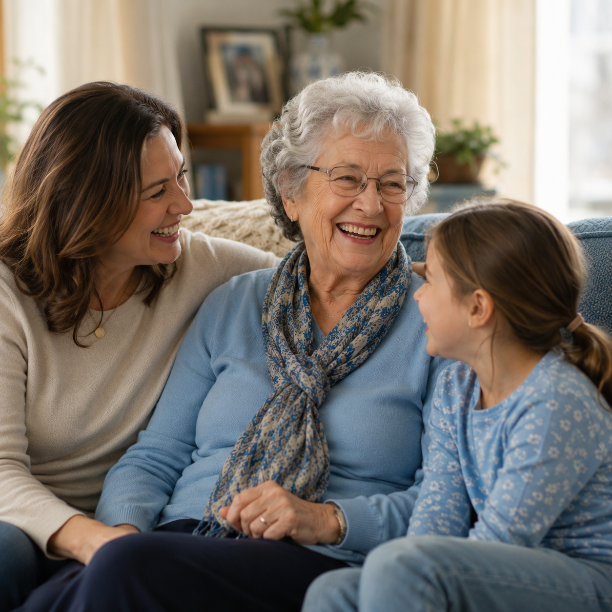 Smiling senior woman laughing on the sofa with her adult daughter and young granddaughter, three generations together