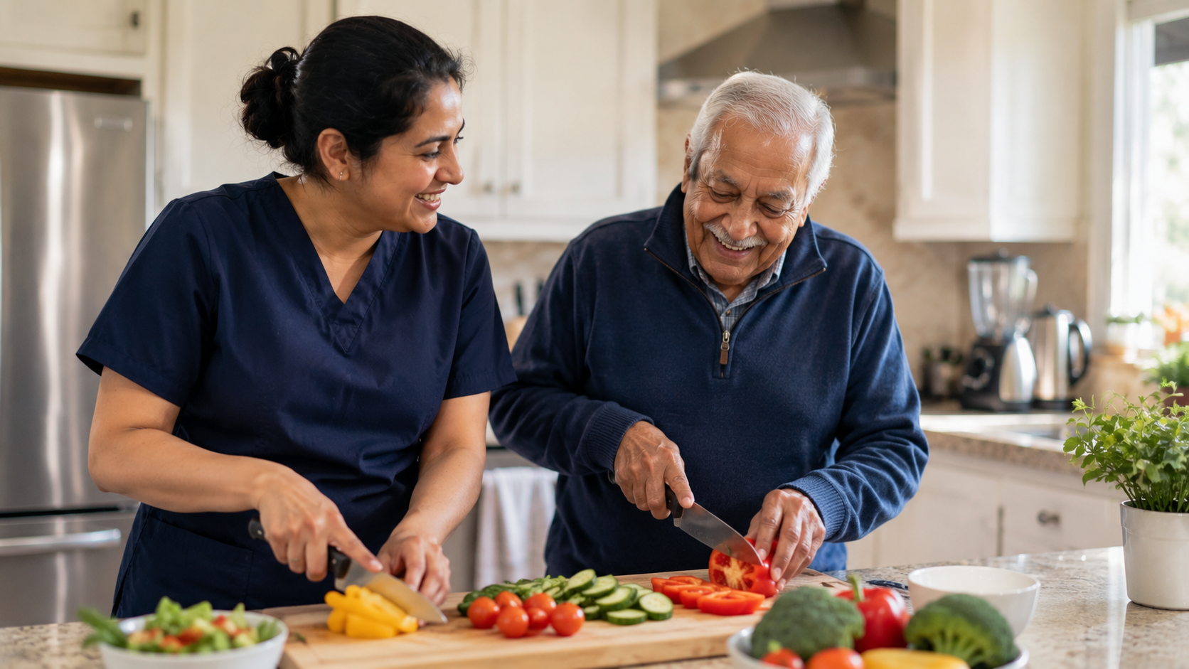 Home care caregiver in navy scrubs preparing a meal with an elderly man in a Mississauga kitchen