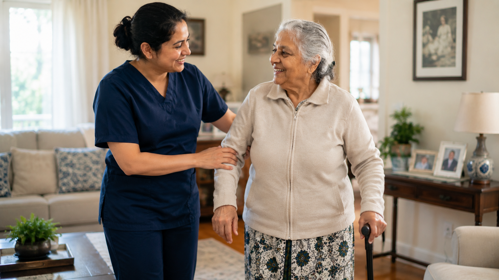 Caregiver in navy scrubs supporting a senior woman as she walks with a cane at home in Mississauga