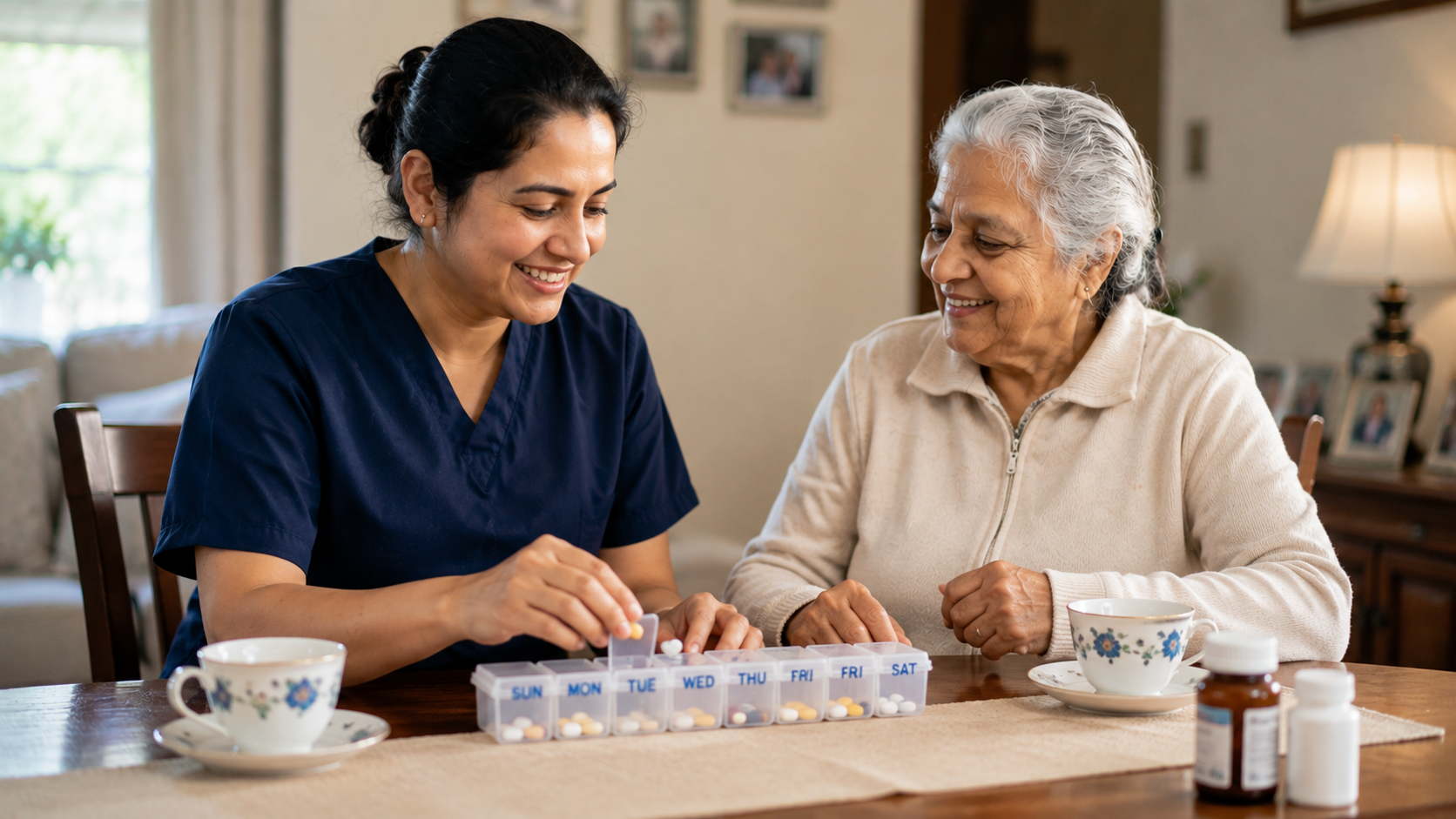 Caregiver in navy scrubs helping a senior woman organize daily medications at home in Mississauga
