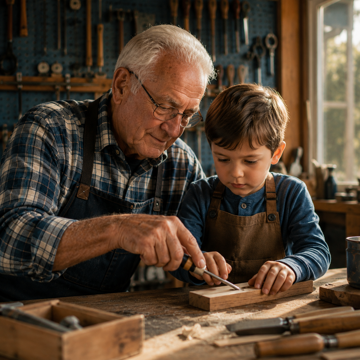 Senior man teaching his young grandchild how to use a hand tool together at his workshop bench