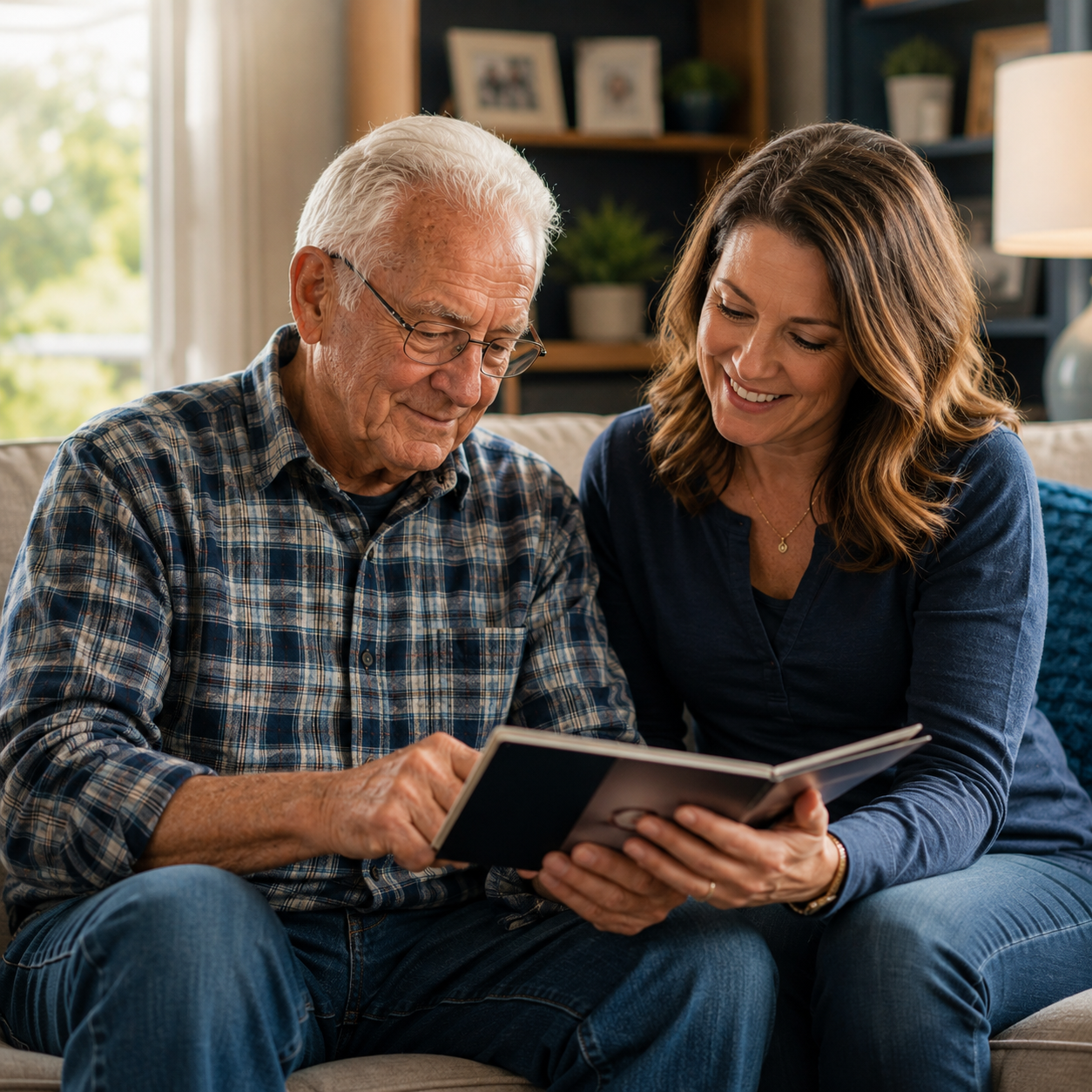Senior man and his adult daughter sitting on a sofa looking at a booklet together, both smiling