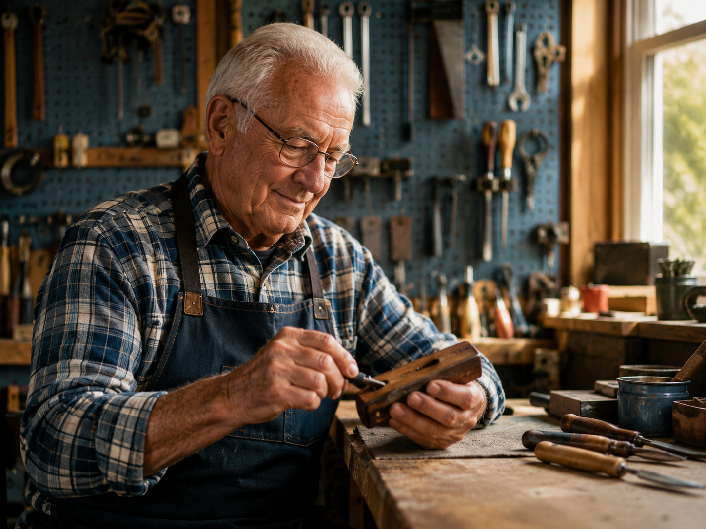 Senior man in a work apron focused on repairing a wooden object at his home workshop bench, tools on the pegboard behind him