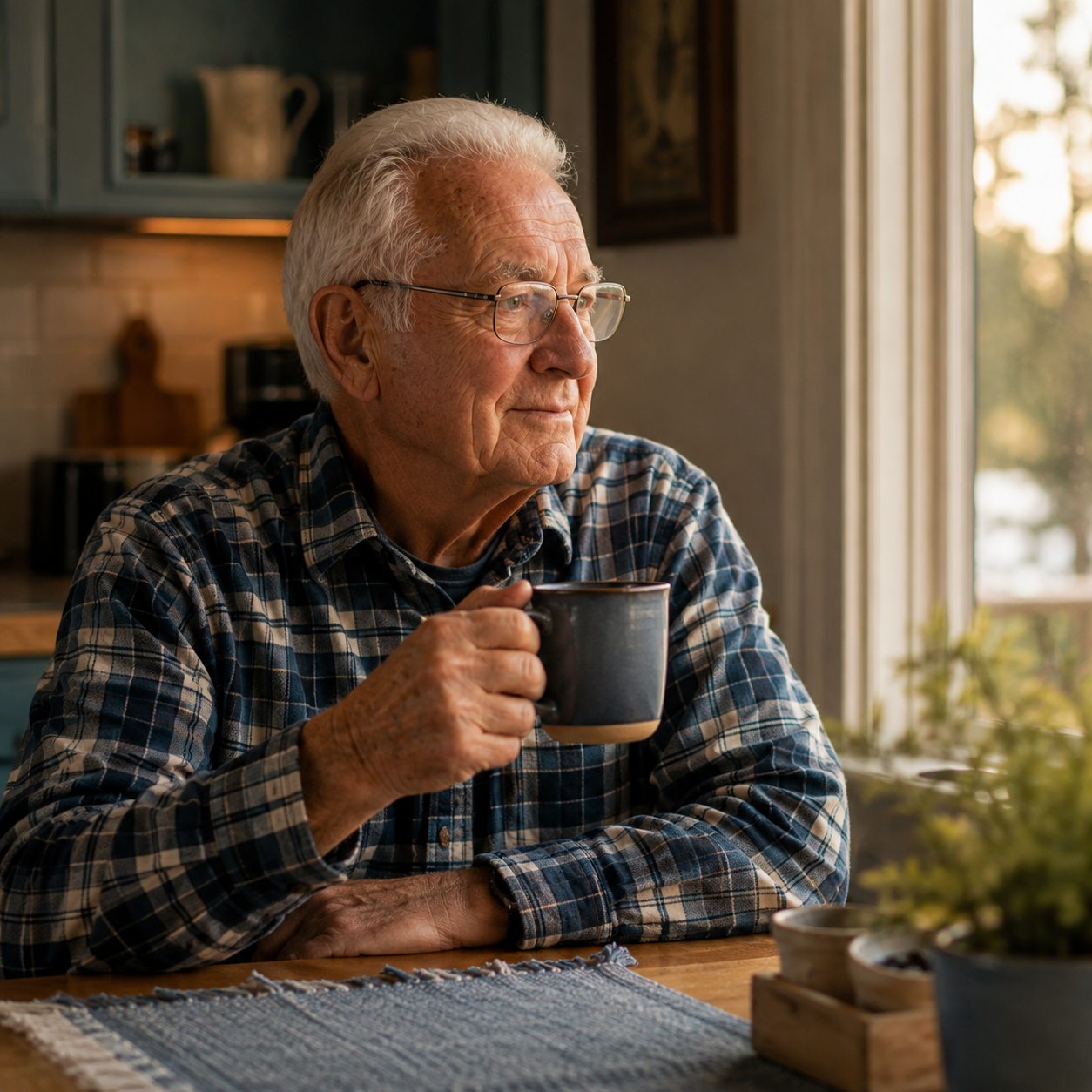 Senior man in a plaid shirt holding a coffee mug at his kitchen table, looking thoughtfully out the window in the morning light