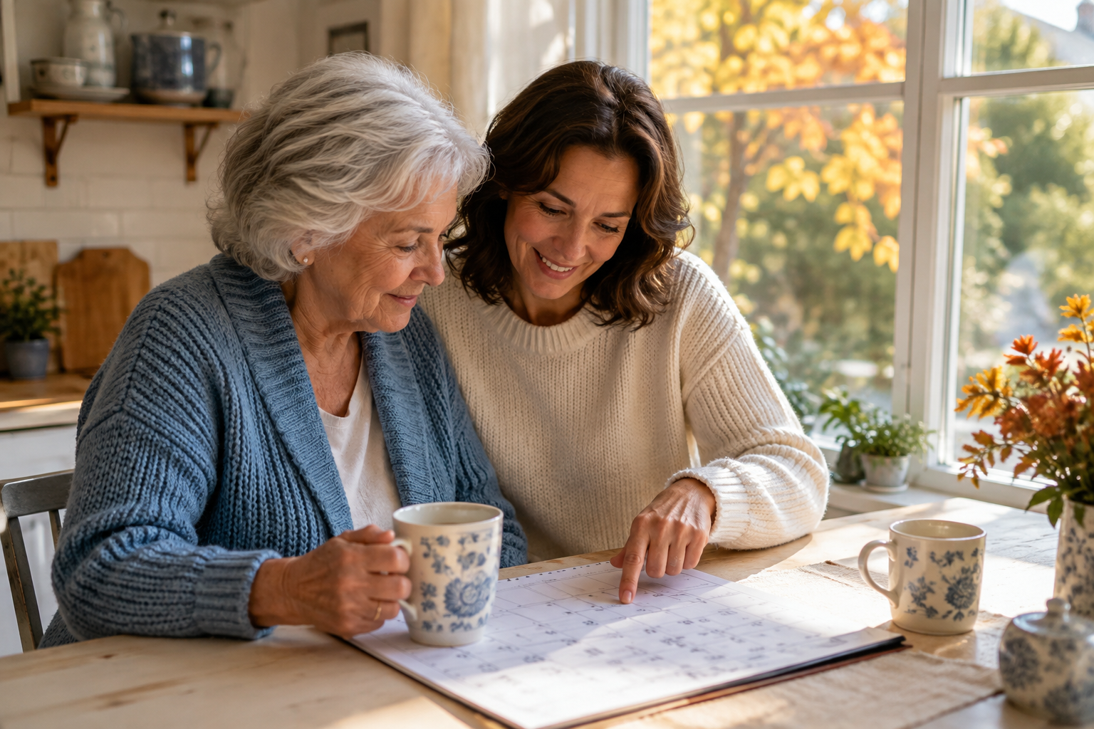 fall-routines-seniors-calendar-planning.png Senior woman and her adult daughter plan fall routines for seniors, reviewing a calendar over tea in a sunlit autumn kitchen.