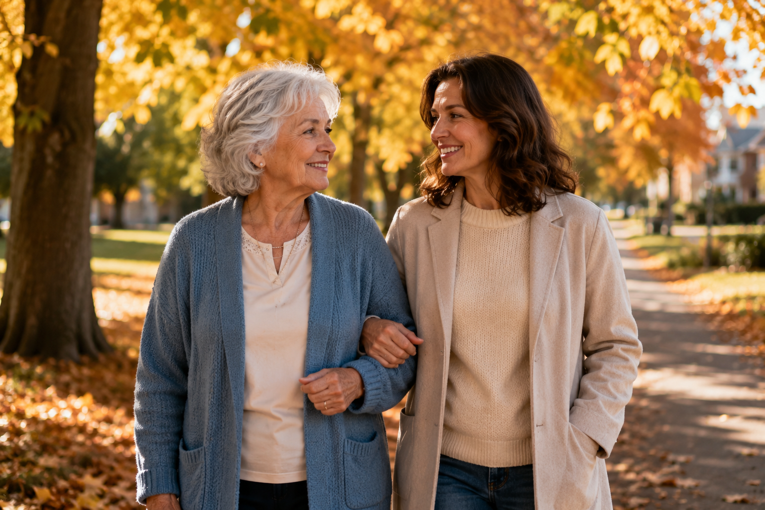 Senior woman and her adult daughter walk arm in arm along a leaf-covered path on a sunny autumn afternoon.