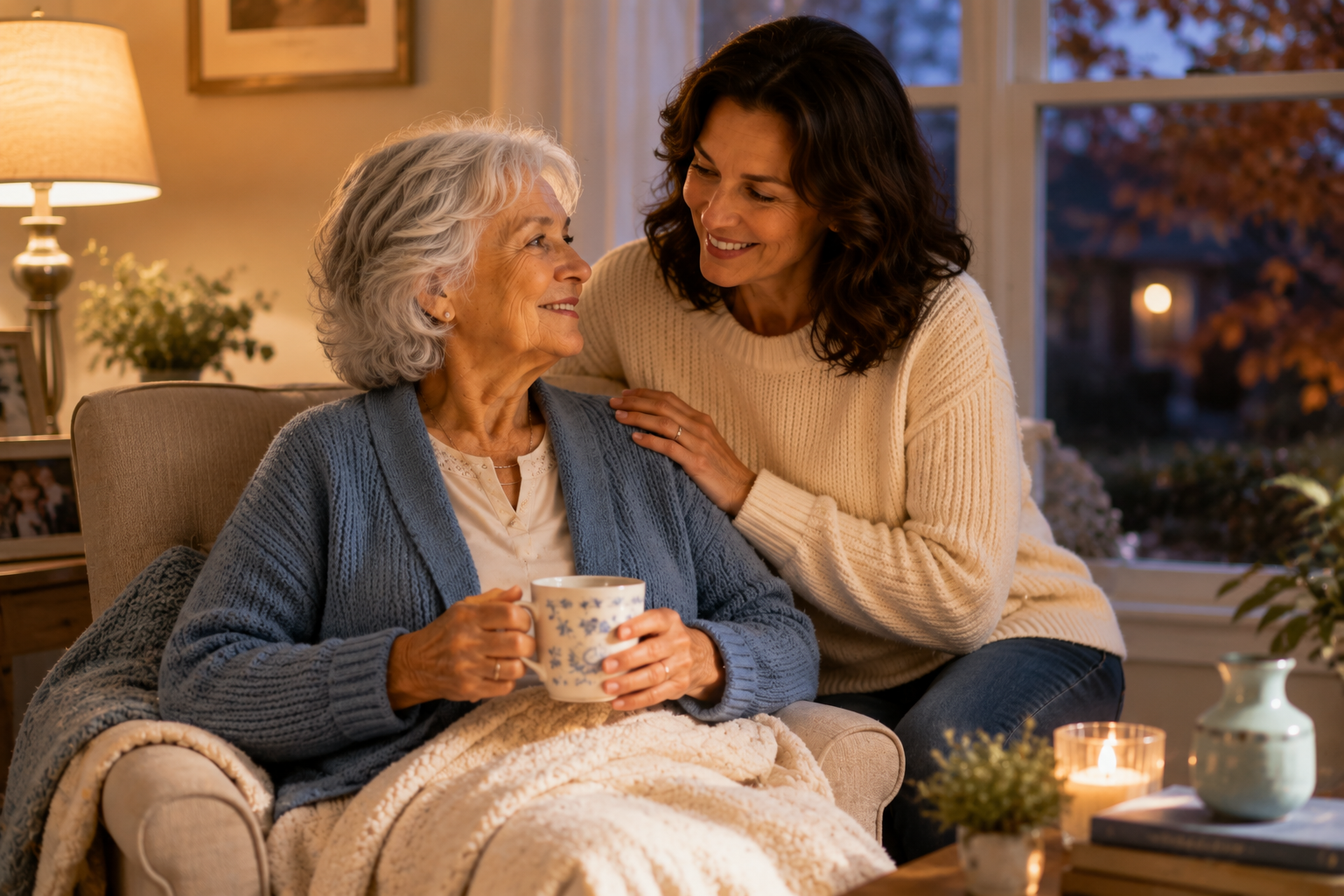 Senior woman relaxes with tea under a blanket while her adult daughter sits beside her in a cozy, lamplit living room at dusk.