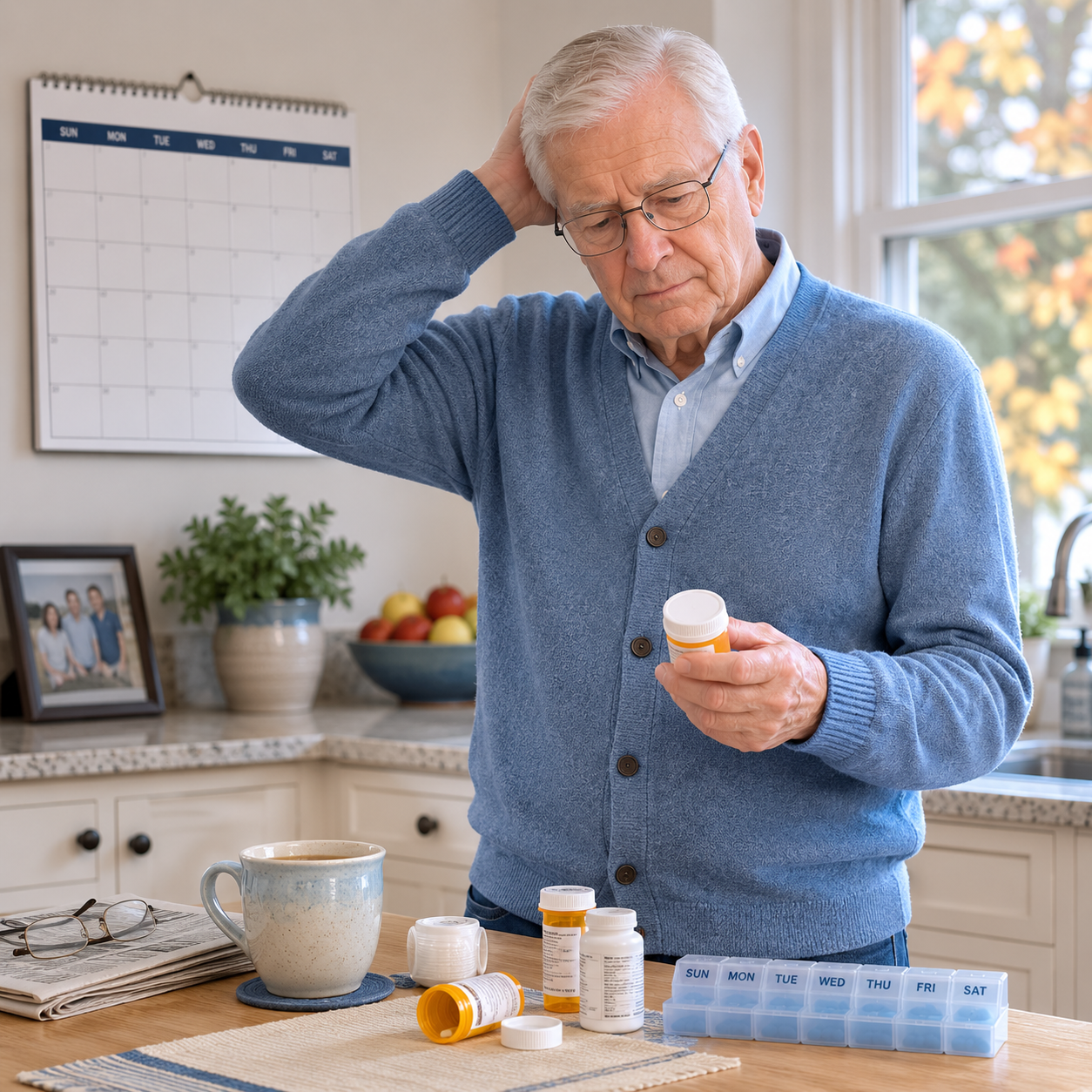 Senior man looks uncertain in his kitchen with scattered medications and a blank calendar, without a daily routine.