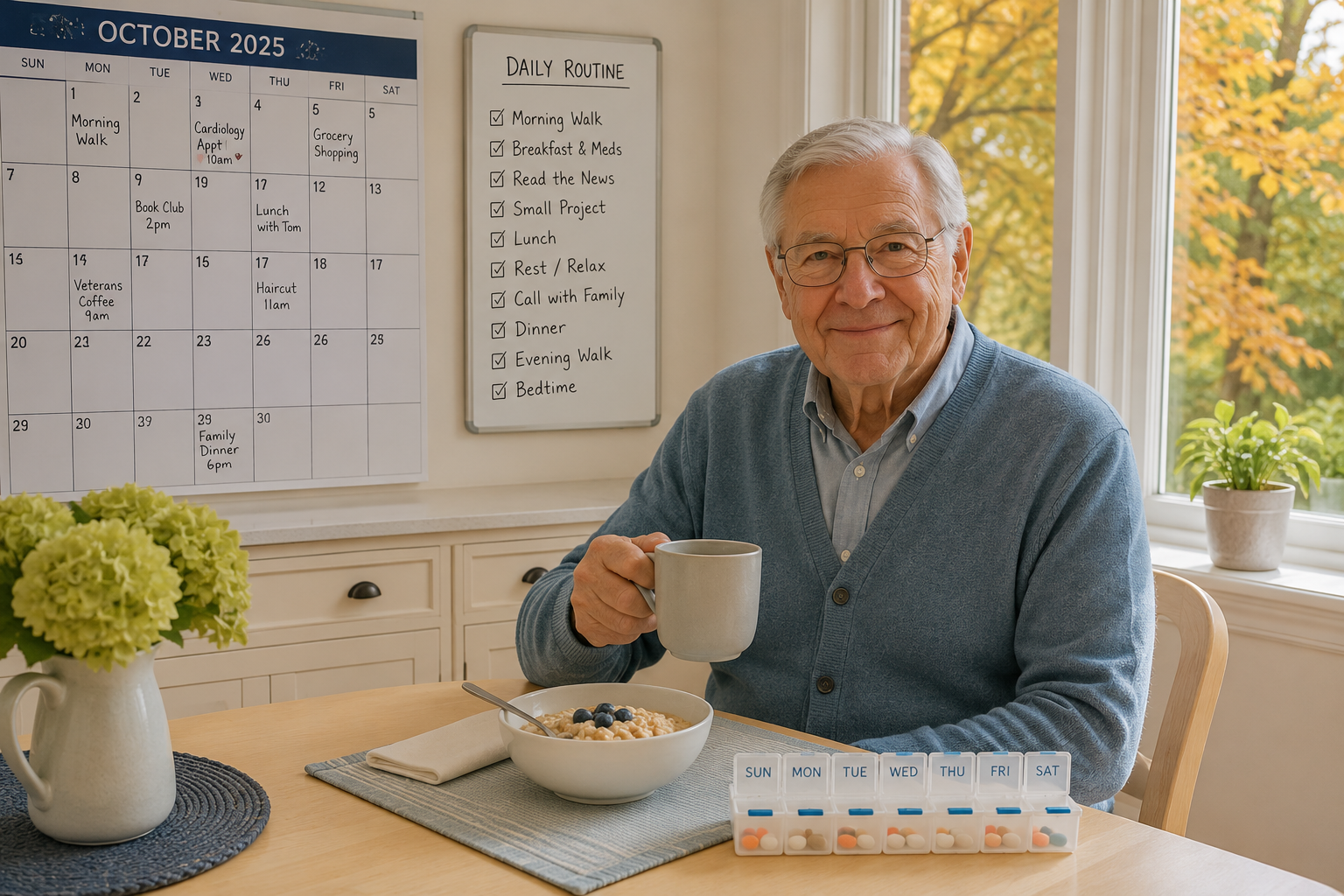 Senior man enjoys a calm breakfast with a daily routine for seniors in place — pill organizer and marked calendar nearby.