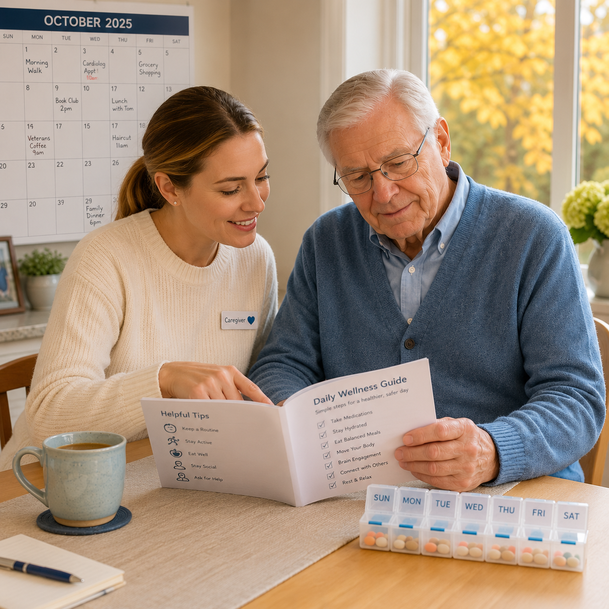 Caregiver reviews a routine-building guide and checklist with a senior man at his kitchen table.
