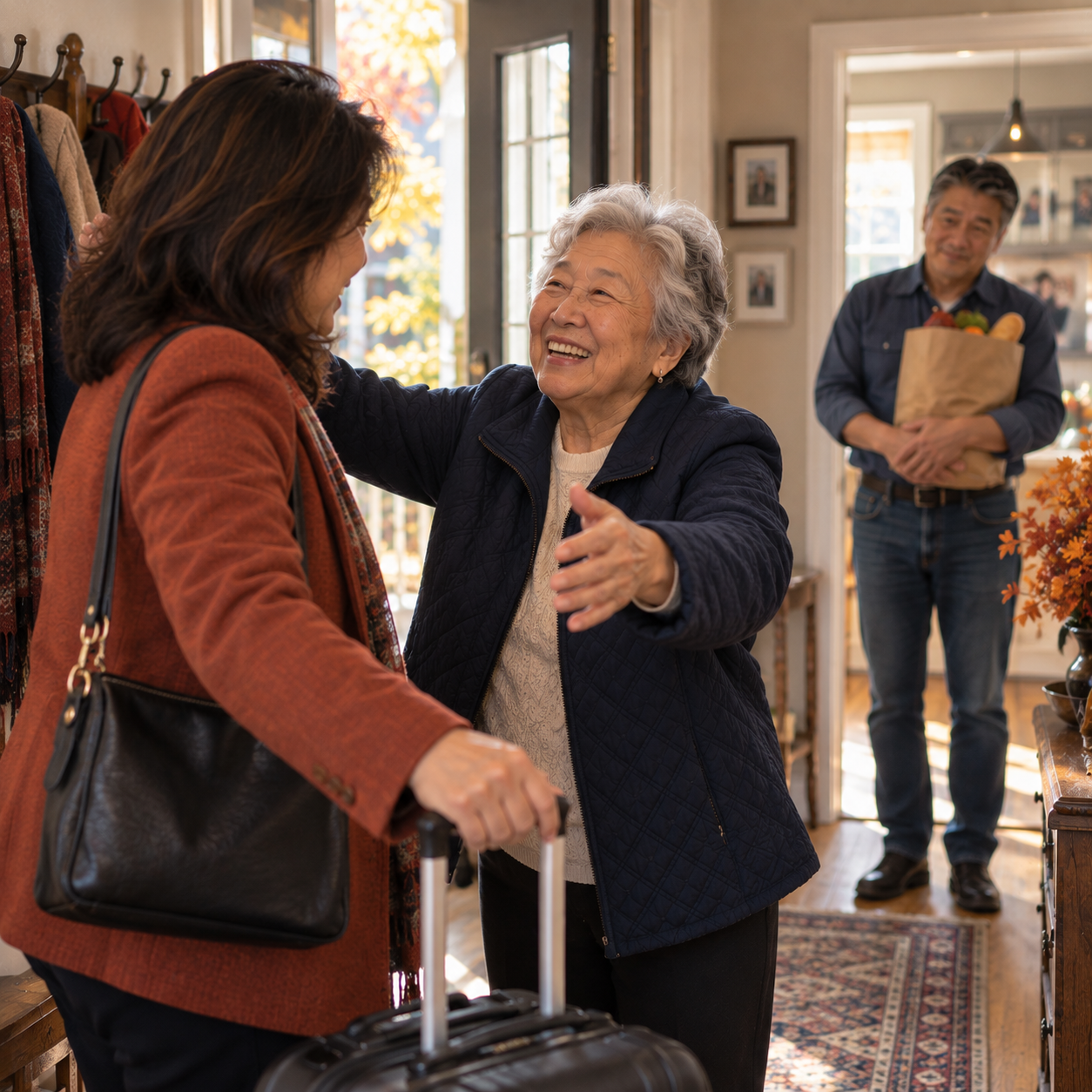 Senior mother greets her visiting daughter warmly while her other adult child watches from the hallway
