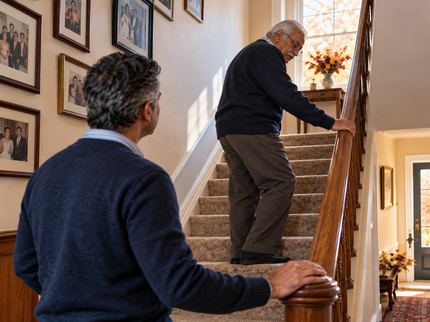 Adult son watches his elderly father climb stairs slowly, one of the aging parent warning signs families notice during a visit