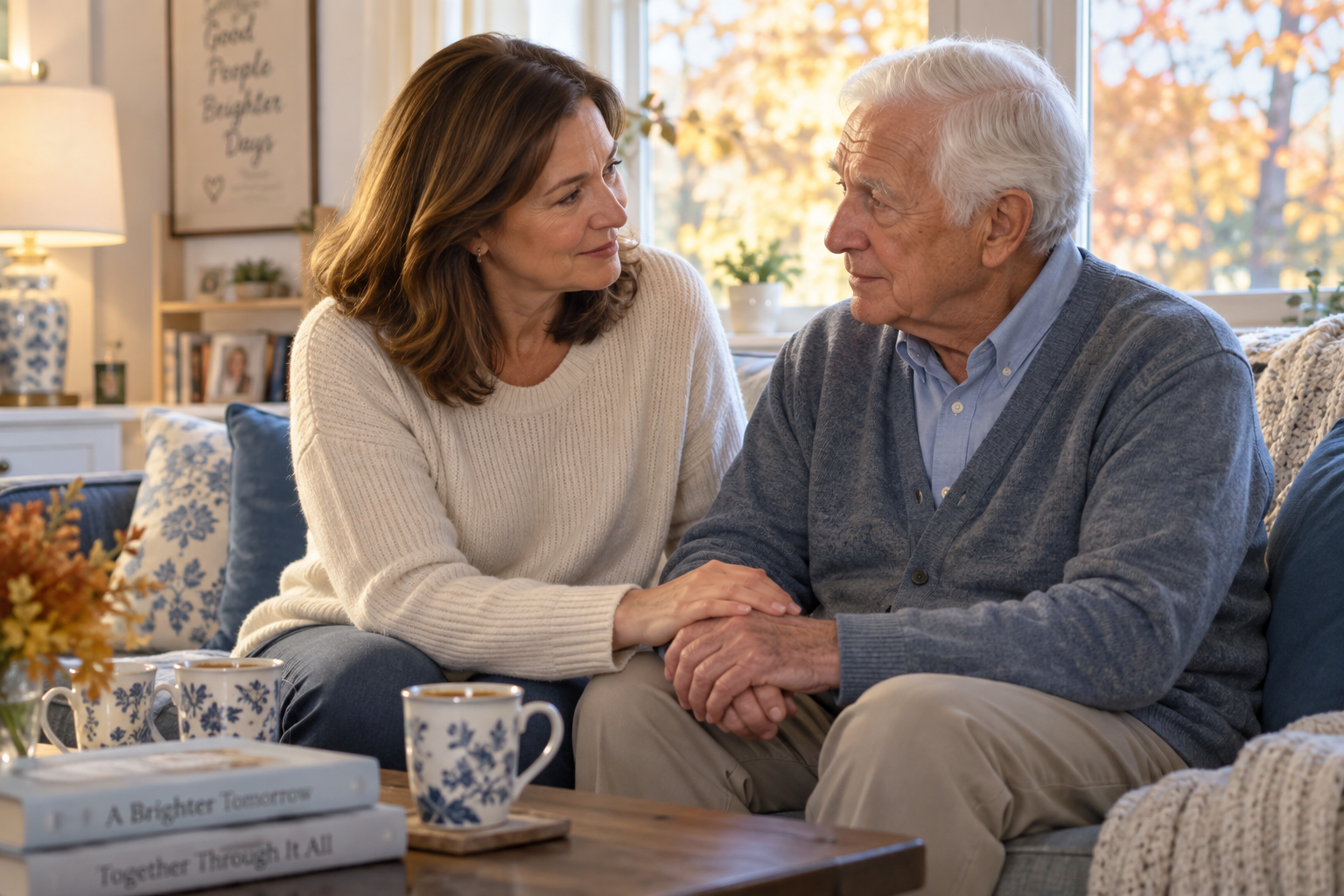 Adult daughter attentively checks in on her senior father, staying alert to warning signs and caregiver burnout signs.