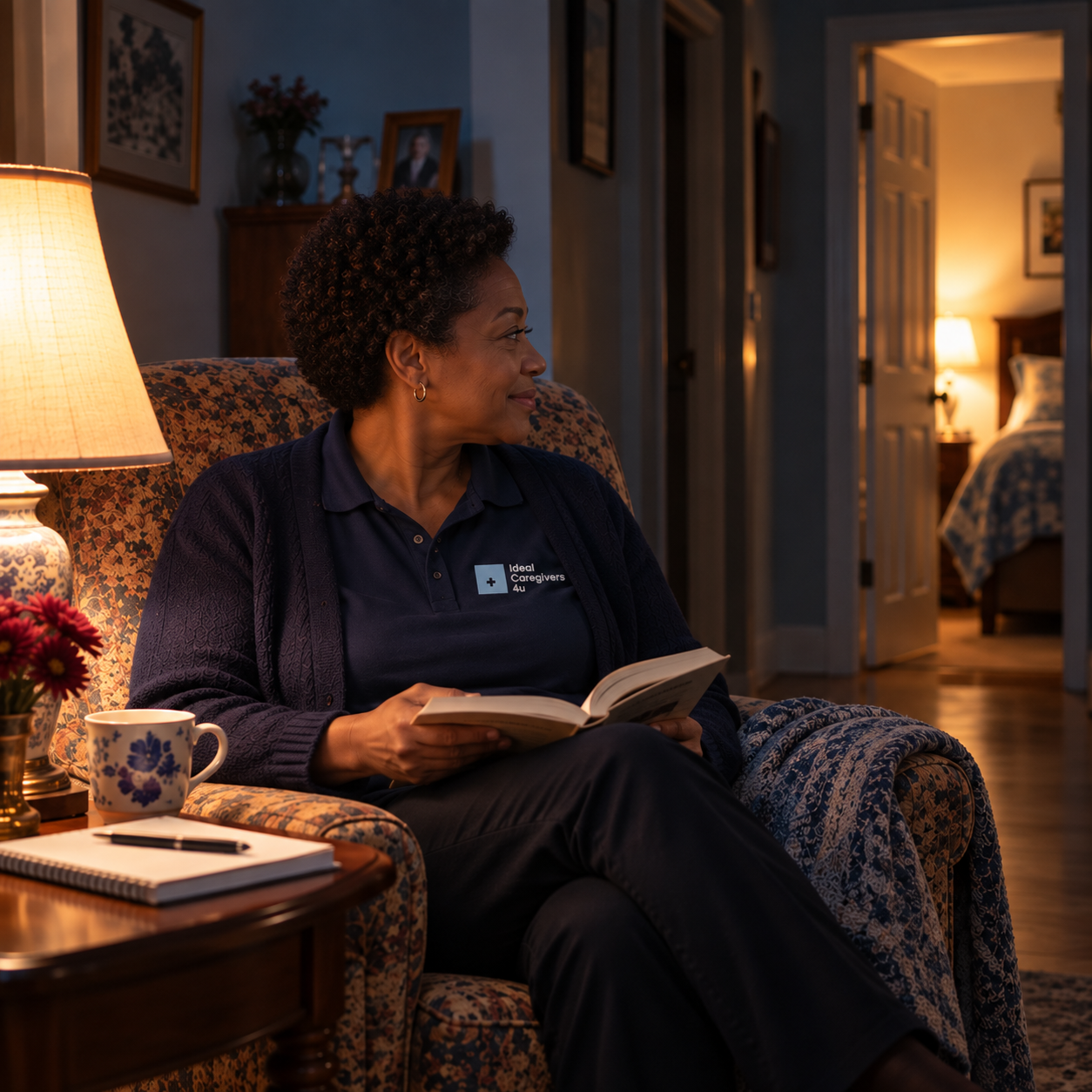 Overnight caregiver sitting awake and alert in a senior client's living room at night