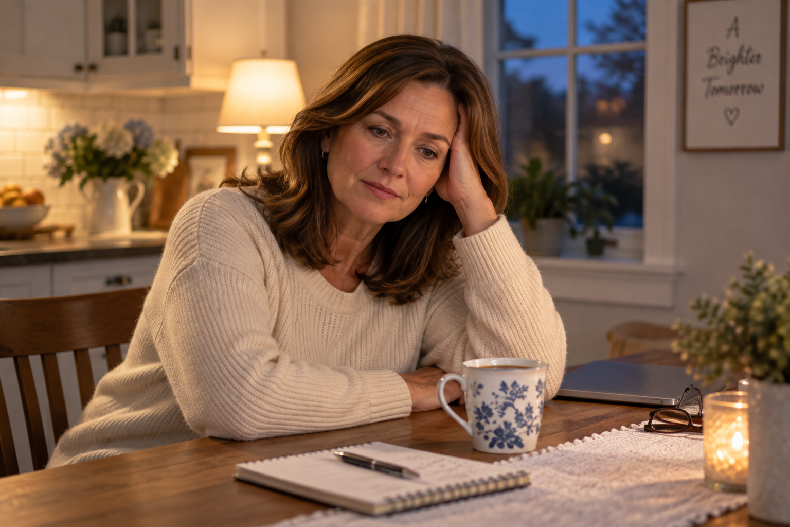 Tired adult daughter rests her head on her hand at the kitchen table, showing signs of caregiver burnout.