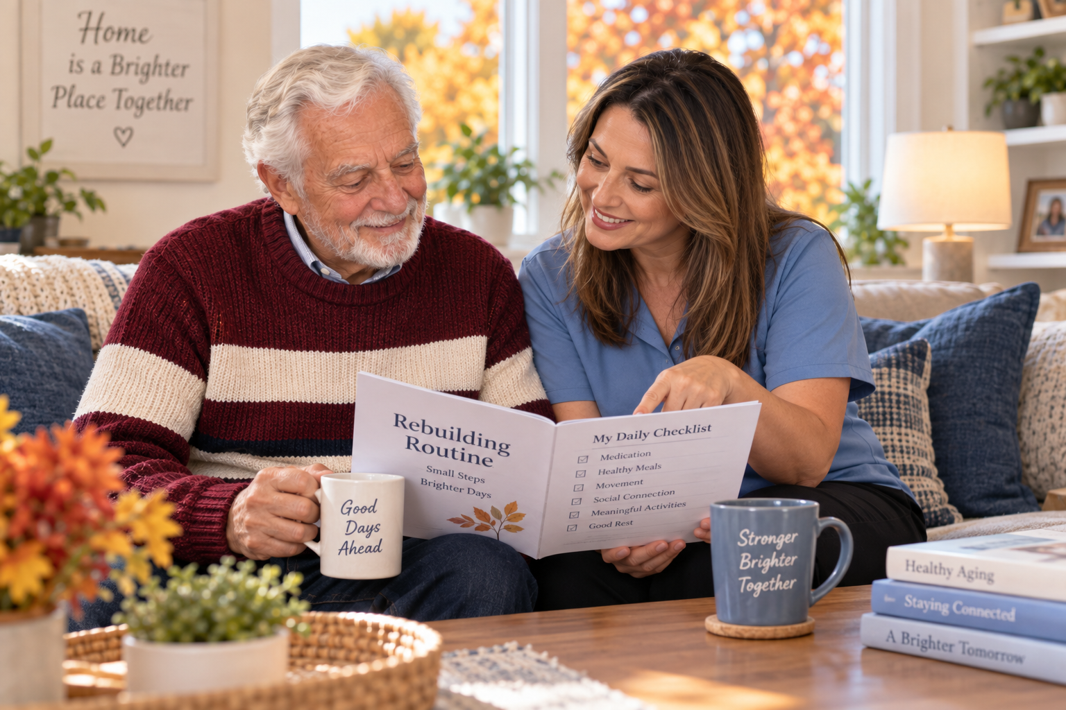 Professional caregiver reviews the Rebuilding Routine checklist with a senior man in his living room.