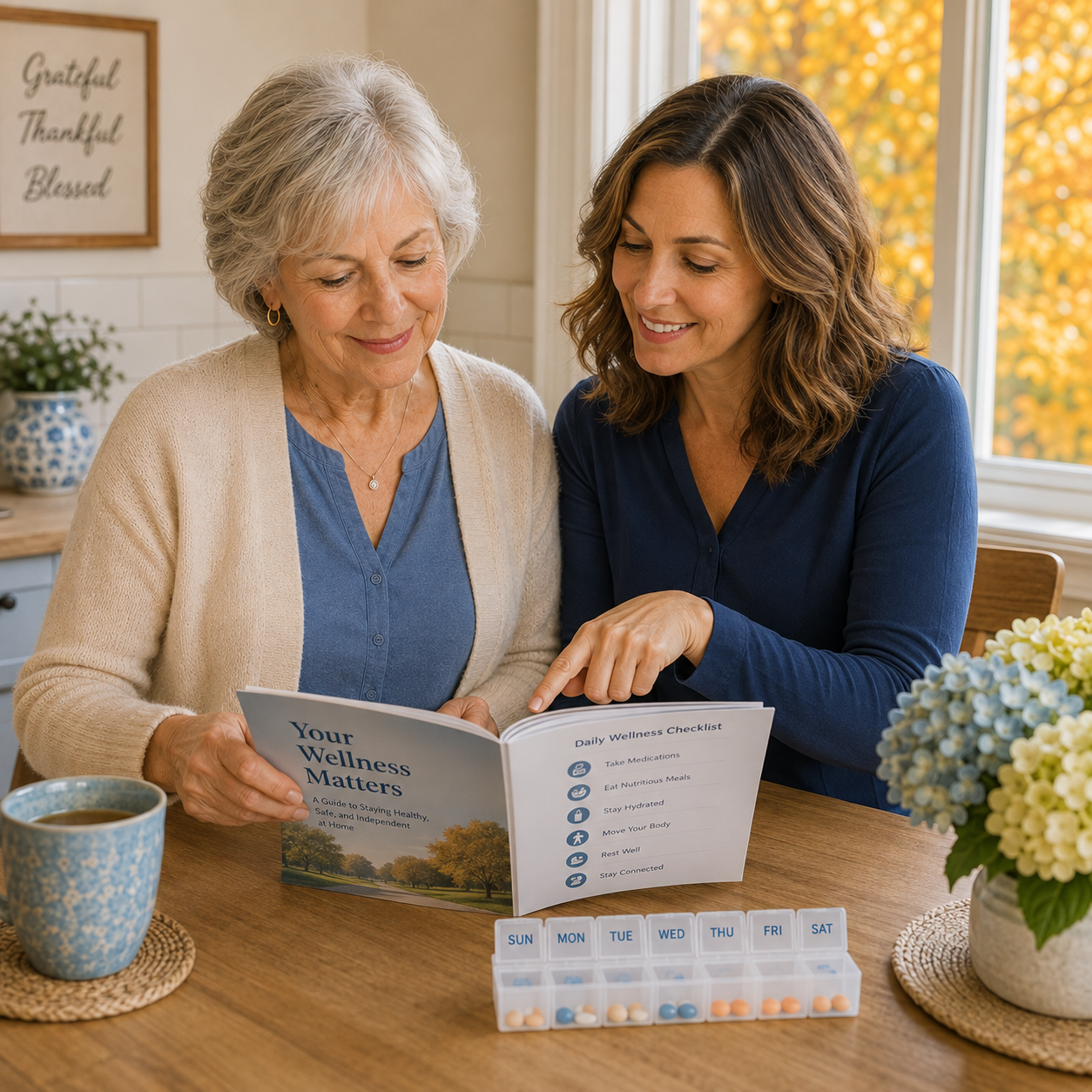 Professional caregiver reviews the Rebuilding Routine guide with a senior woman at her kitchen table.