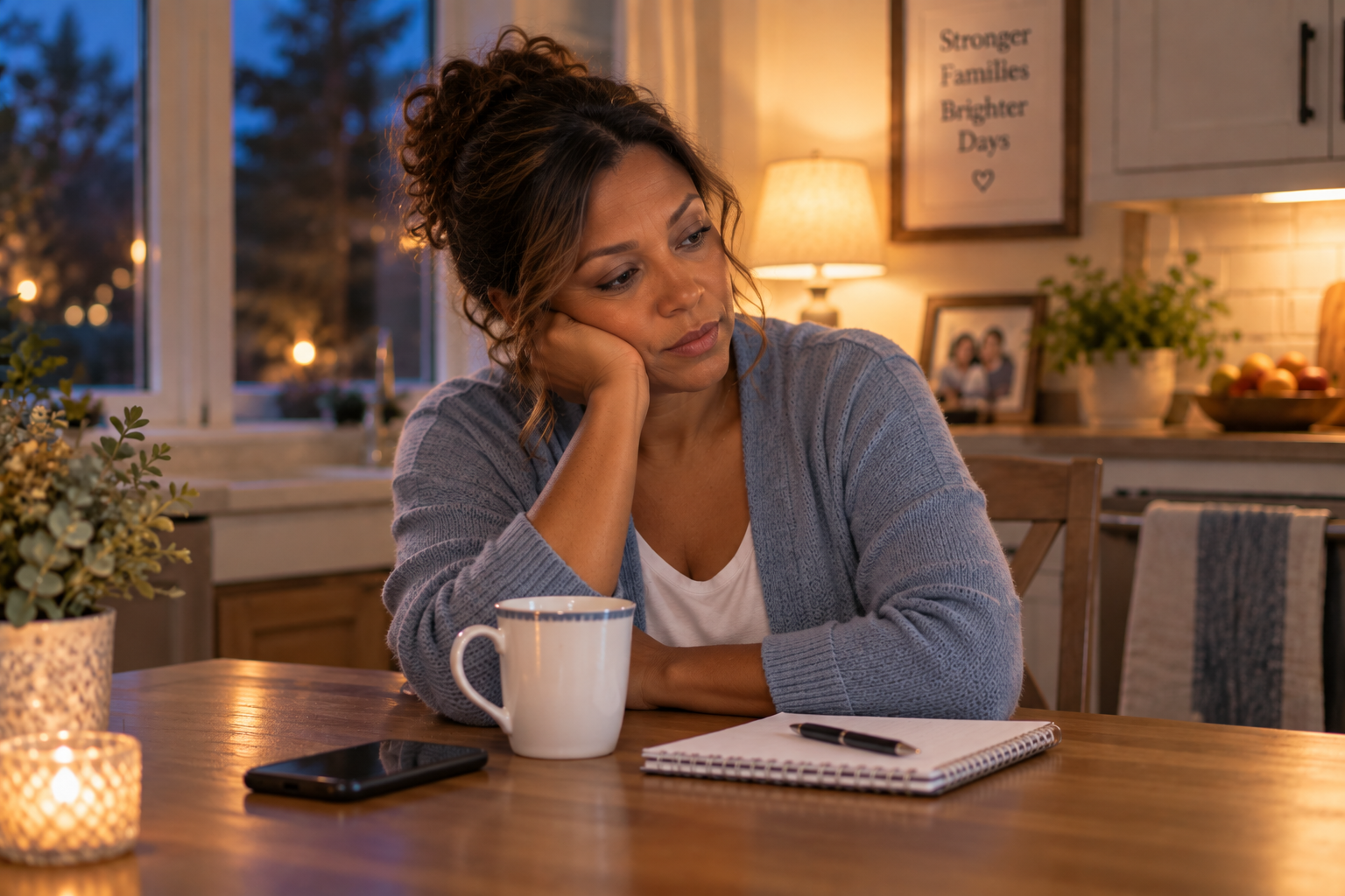 Tired family caregiver rests at the kitchen table in the evening, a sign it may be time for respite.