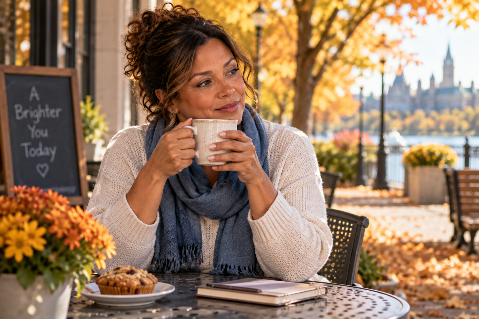 Family caregiver relaxes with a warm drink on an autumn afternoon, enjoying a well-earned break.