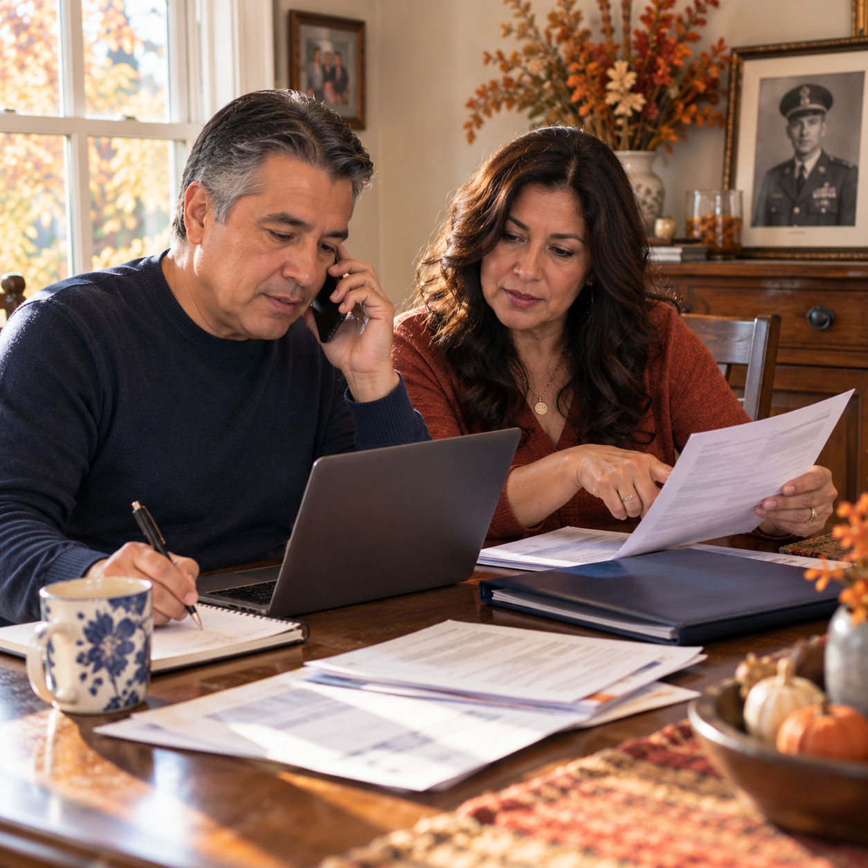 Adult siblings reviewing benefits paperwork and calling to check what home care coverage their parent qualifies for